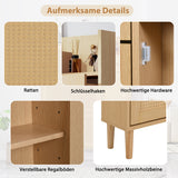 Meuble à chaussures en bois et rotin naturel 90x17x125 cm avec 3 portes basculantes, 1 tiroir et pieds en bois massif, idéal pour entrée étroite et petits espaces