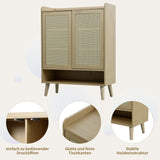 Meuble à chaussures en rotin naturel 80x35x105 cm avec 2 portes, 5 étagères fixes, poignées et pieds en bois massif, idéal pour entrée et couloir