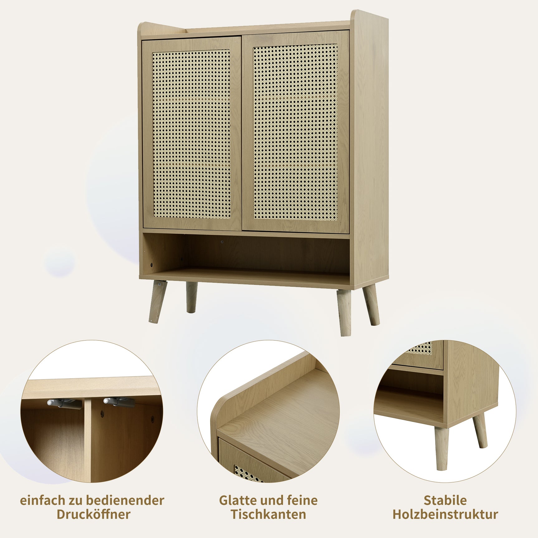Meuble à chaussures en rotin naturel 80x35x105 cm avec 2 portes, 5 étagères fixes, poignées et pieds en bois massif, idéal pour entrée et couloir