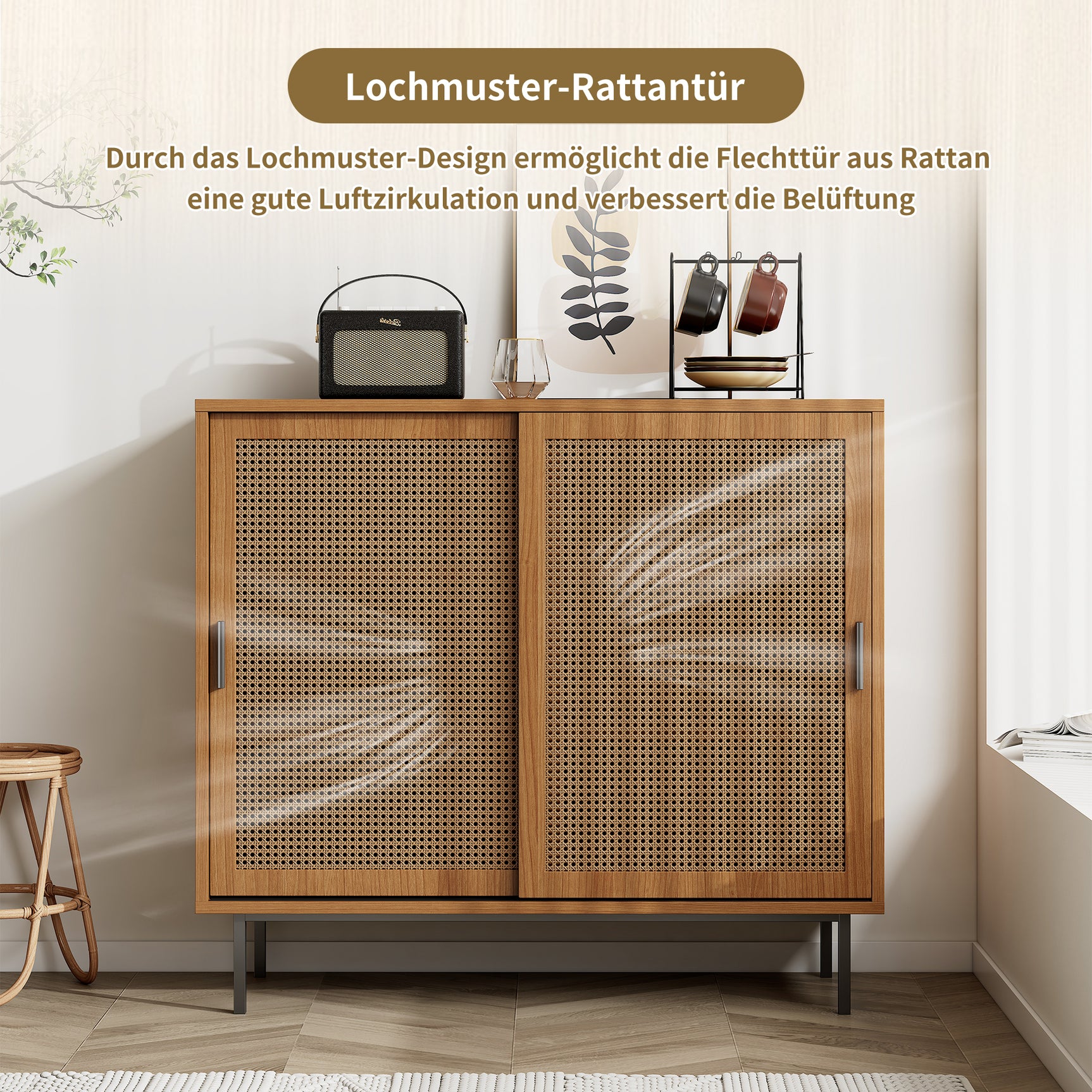 Wooden kitchen buffet Country style with 2 sliding doors and adjustable shelves - 100 × 90 × 37 cm