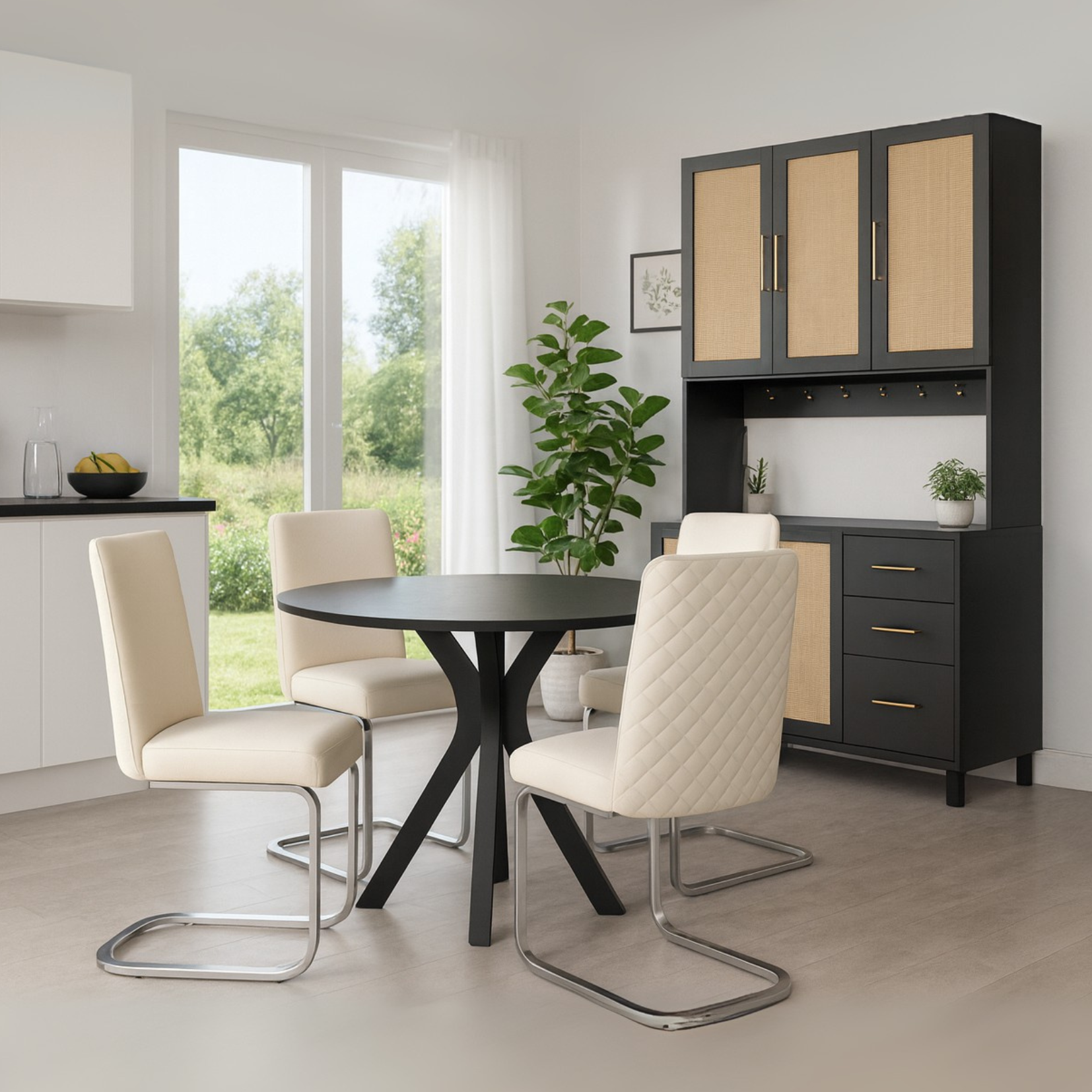 Lot de 2 chaises de salle à manger en velours beige avec dossier à motif diamant et pieds en métal argenté