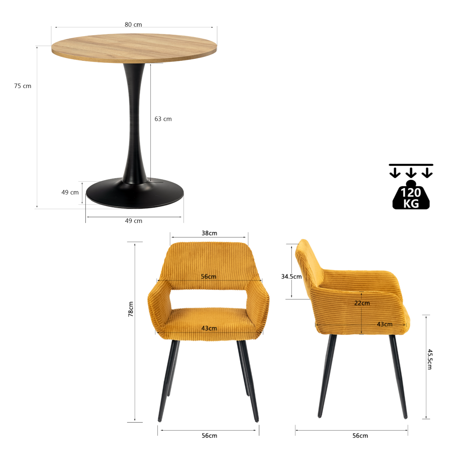 Ensemble de salle à manger de style scandinave comprenant une table ronde en chêne et 2 chaises en velours côtelé jaune
