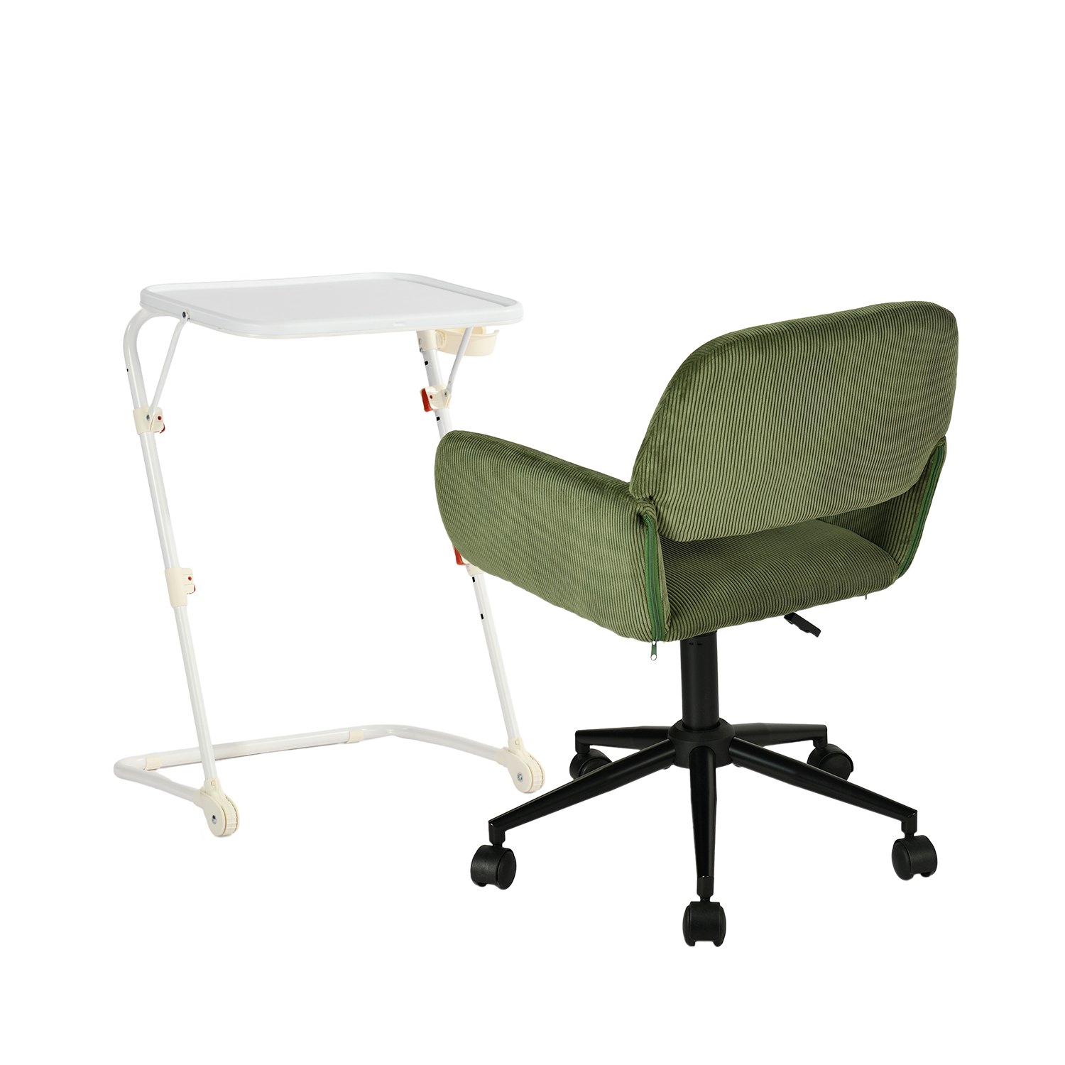 Conjunto con mesa auxiliar blanca plegable y silla de oficina de terciopelo verde oliva - línea de base y Ross