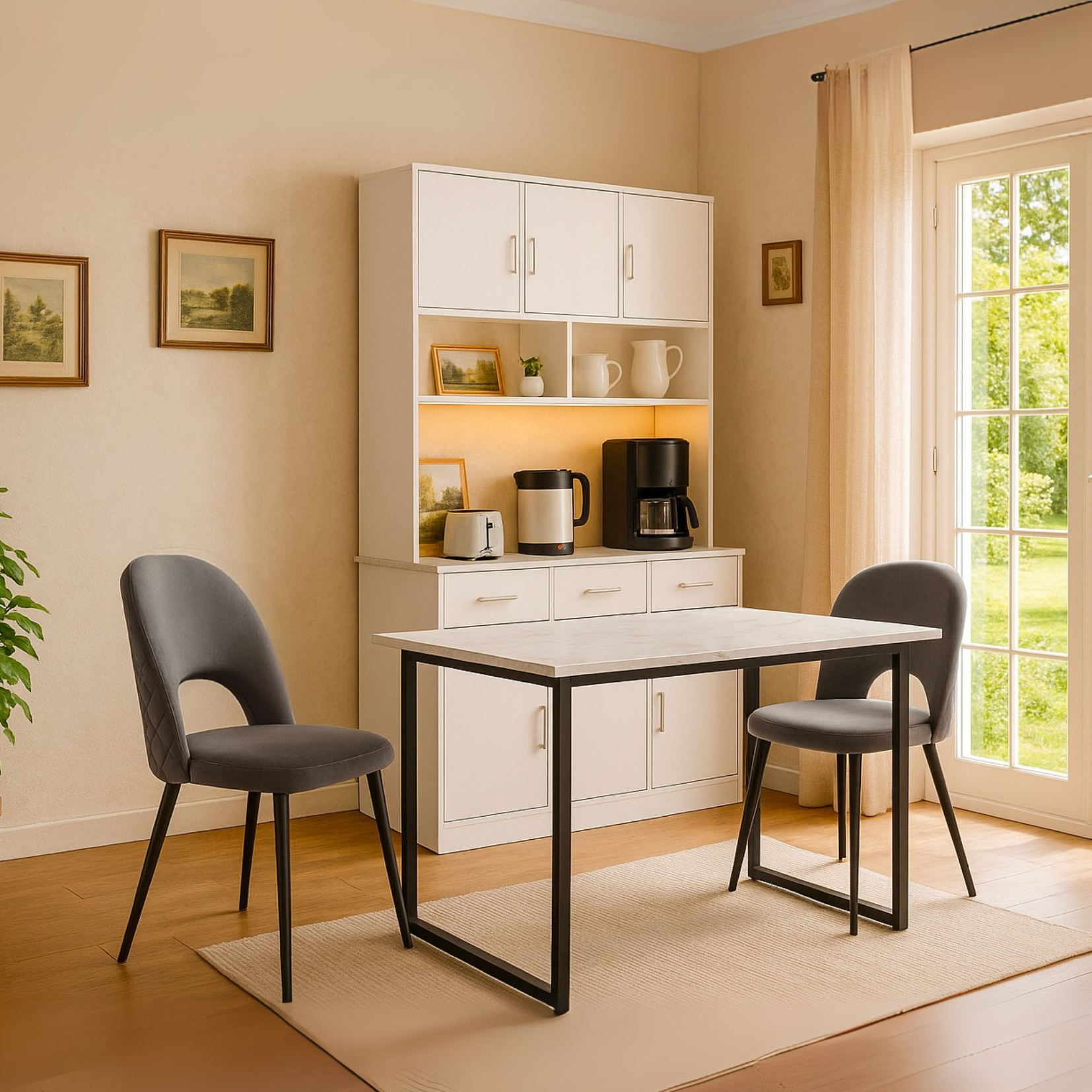 Lot de 2 chaises de salle à manger en velours gris avec dossier à motif diamant, pieds en métal réglables et assise rembourrée