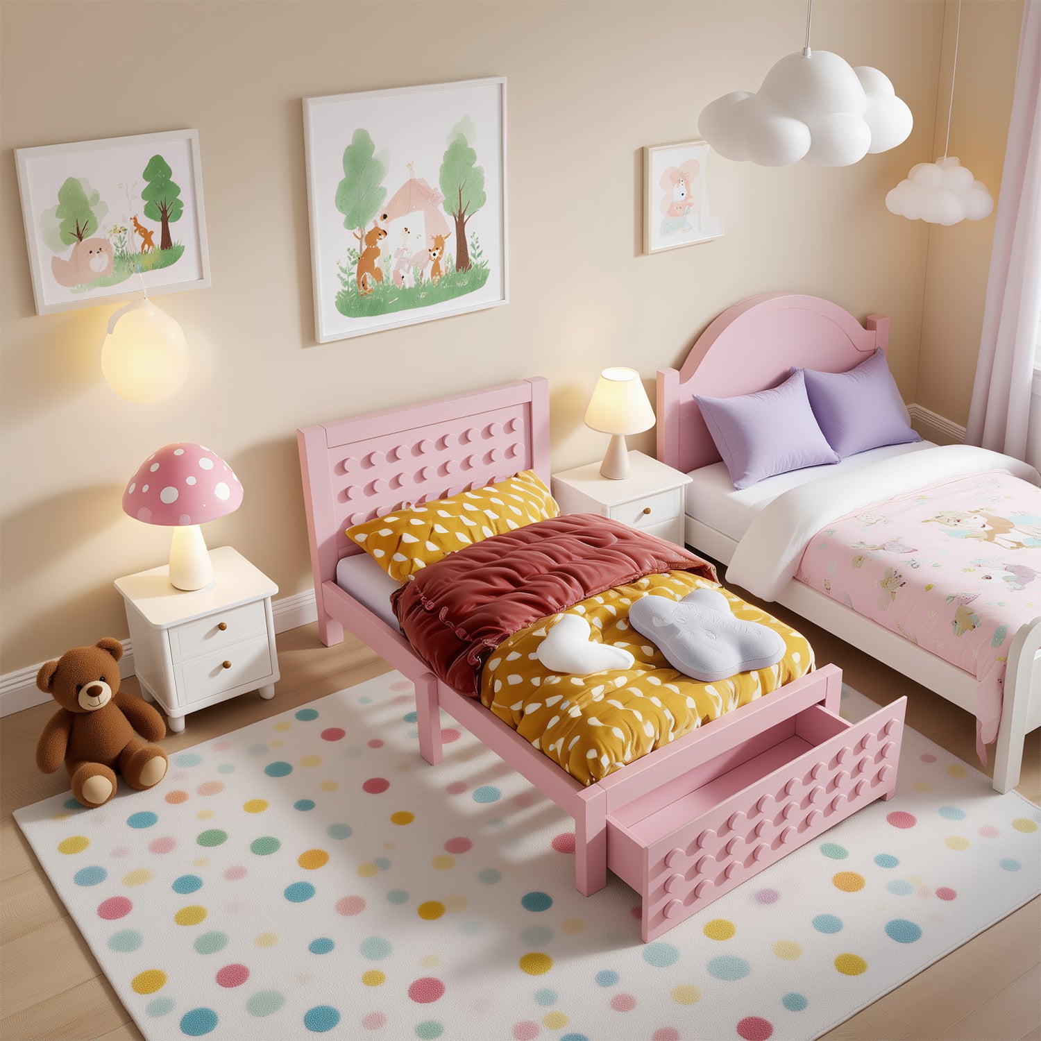 Pinkes Kinderbett 90x200 cm mit Lagerschublade und kreatives Design in Blöcken, fester Holzrahmen