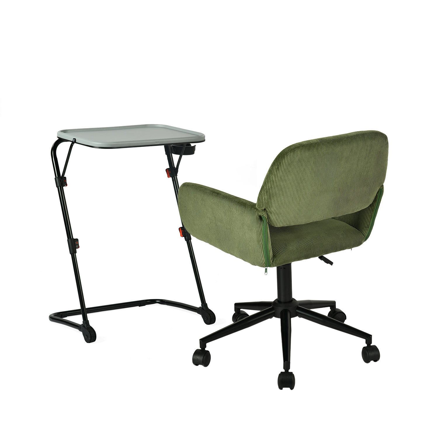 Imposta con tavolo extra grigio pieghevole e sedia da ufficio in velluto verde oliva - Baseline & Ross