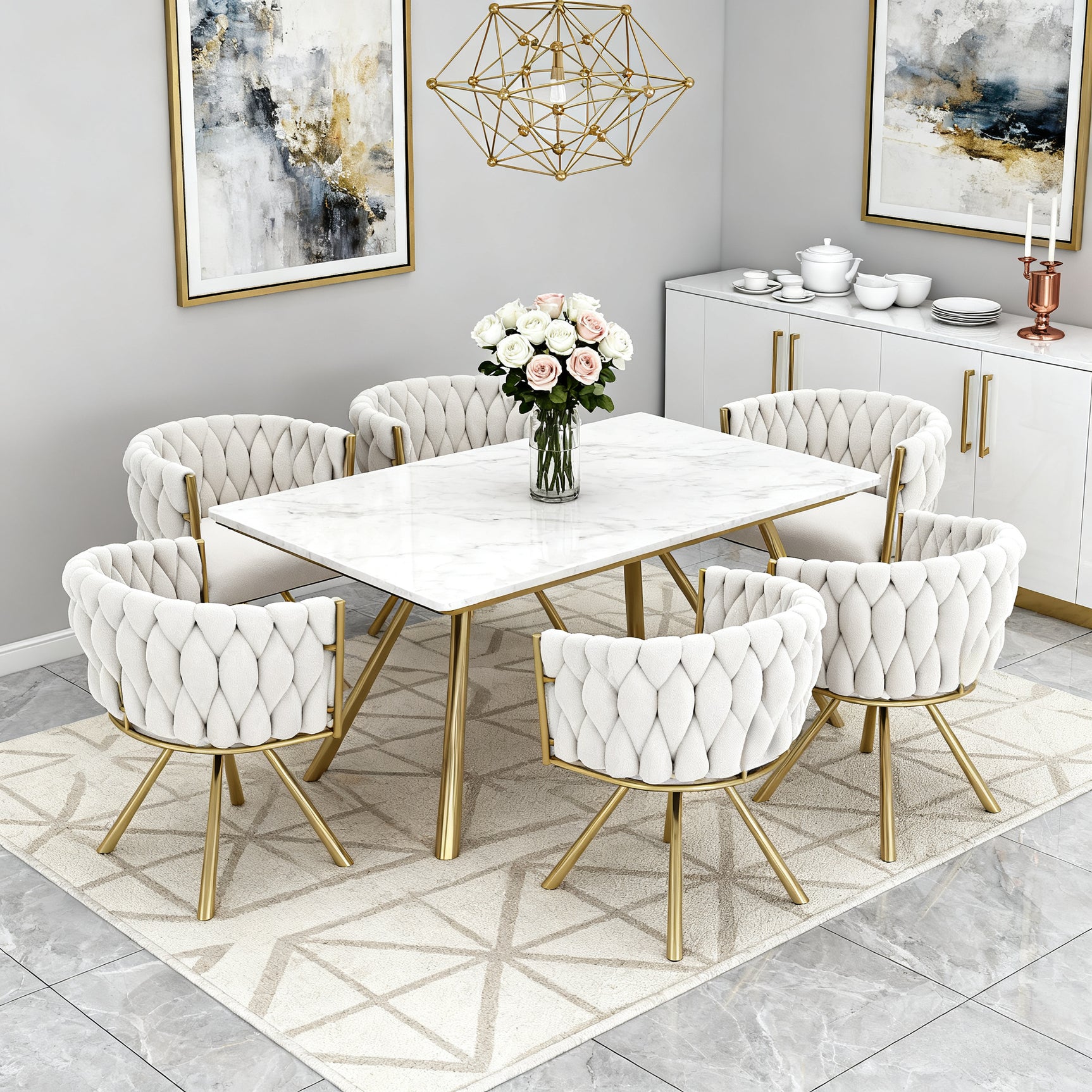 Lot de 6 chaises pivotantes de salle à manger en velours beige avec pieds en métal doré