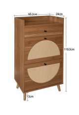 Meuble à chaussures en noyer 60x24x110 cm avec 2 portes en rotin, 1 tiroir et étagères réglables