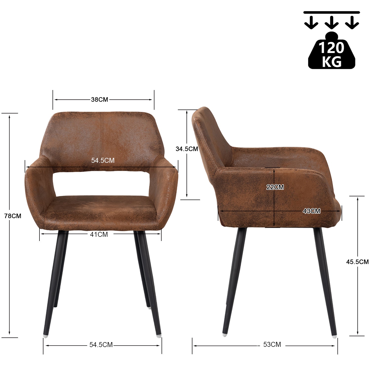 Conjunto de 6 sillones de comedor industriales con reposabrazos de ante - CROMWELL