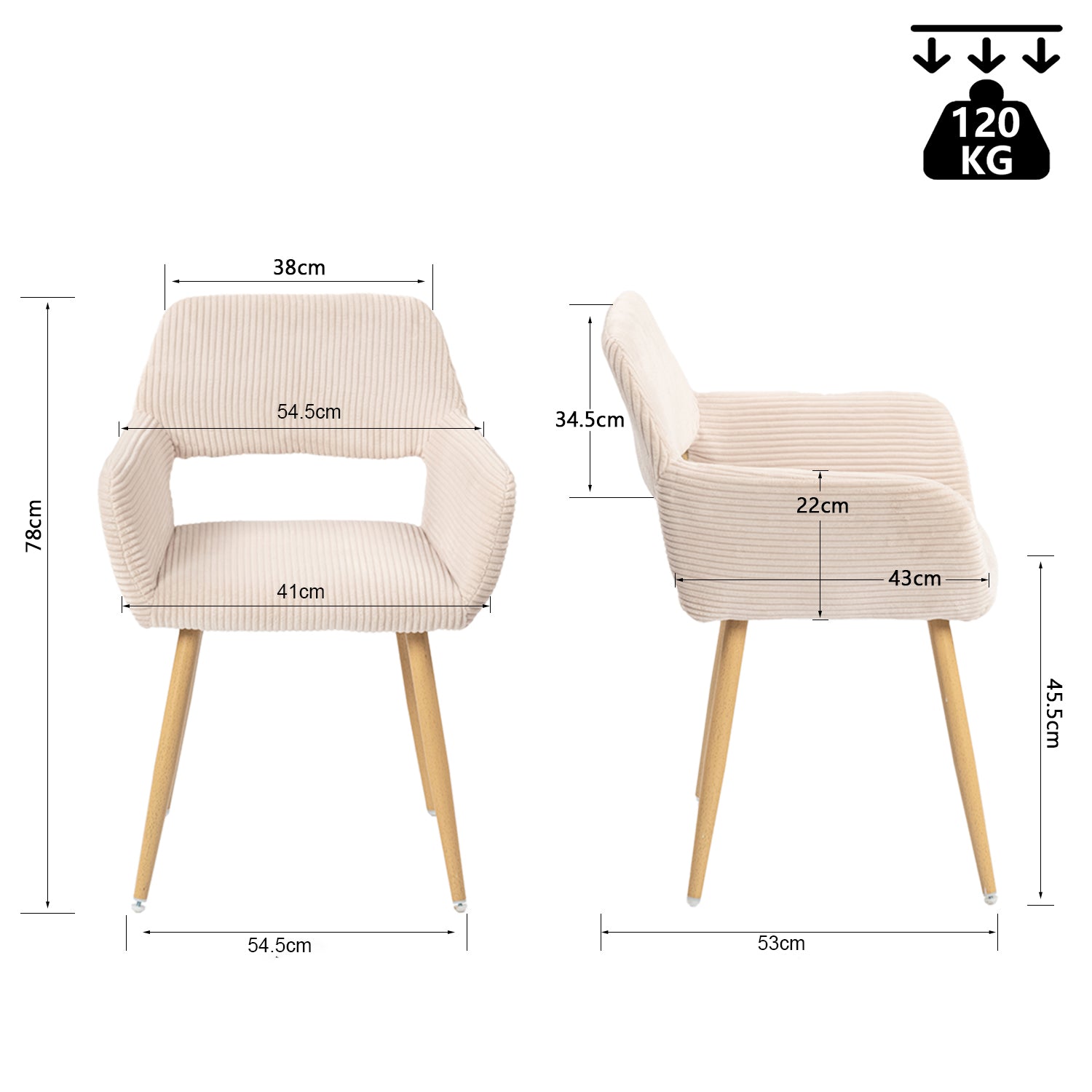 Set of 4 Scandinavian dining room armchairs with armrests in beige corduroy - CROMWELL CORDUROY