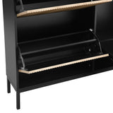 Meuble à chaussures avec banc intégré 100x25x100 cm en MDF noir et bois naturel, 3 abattants, étagères et assise escamotable, idéal pour entrée, couloir ou chambre