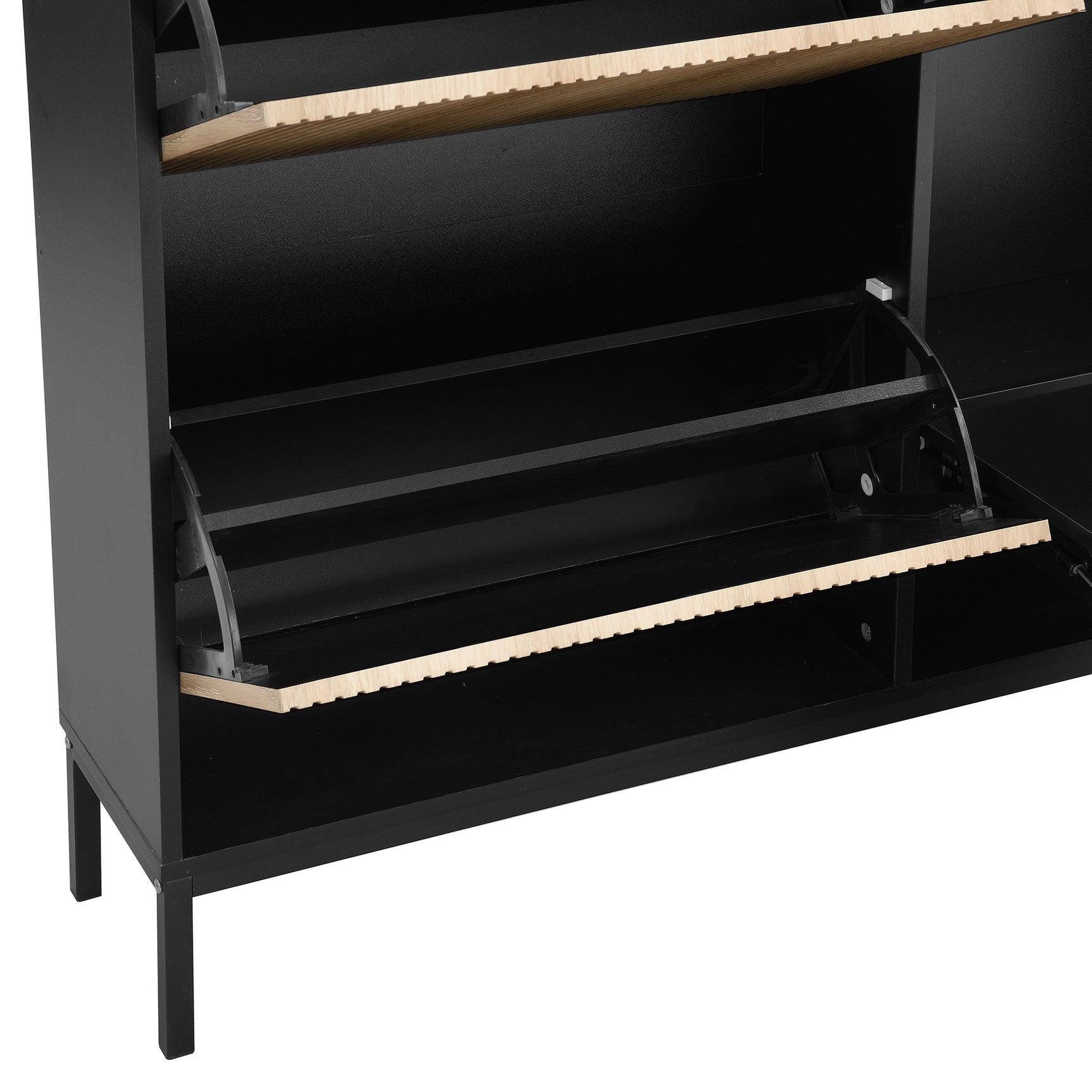 Meuble à chaussures avec banc intégré 100x25x100 cm en MDF noir et bois naturel, 3 abattants, étagères et assise escamotable, idéal pour entrée, couloir ou chambre