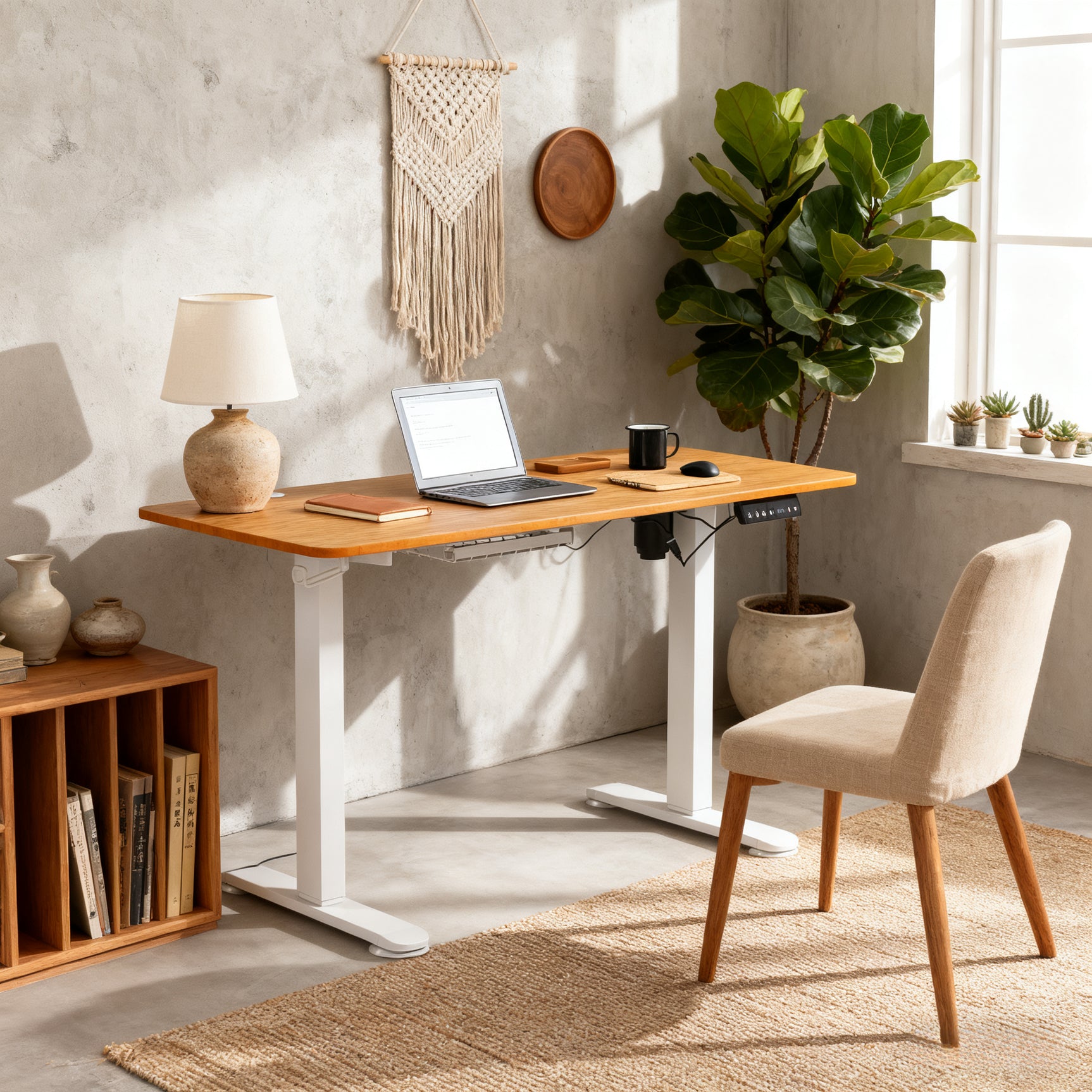 Table de bureau électrique réglable en hauteur 120x60x72-116 cm Stehtisch avec anti-collision, boîte à câbles et crochets, finition bois naturel