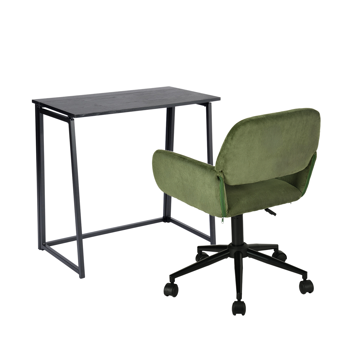 Desktop plegable colocado en black metal y sillón de escritorio en terciopelo verde oliva - ascoli y ross