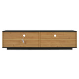 Meuble TV avec tiroir, 3 portes, 2 niches en verre et éclairage LED, noir et bois naturel