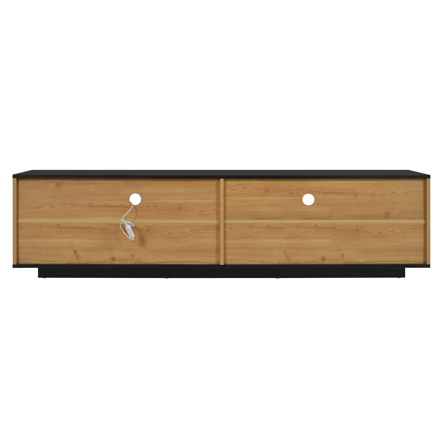 Meuble TV avec tiroir, 3 portes, 2 niches en verre et éclairage LED, noir et bois naturel