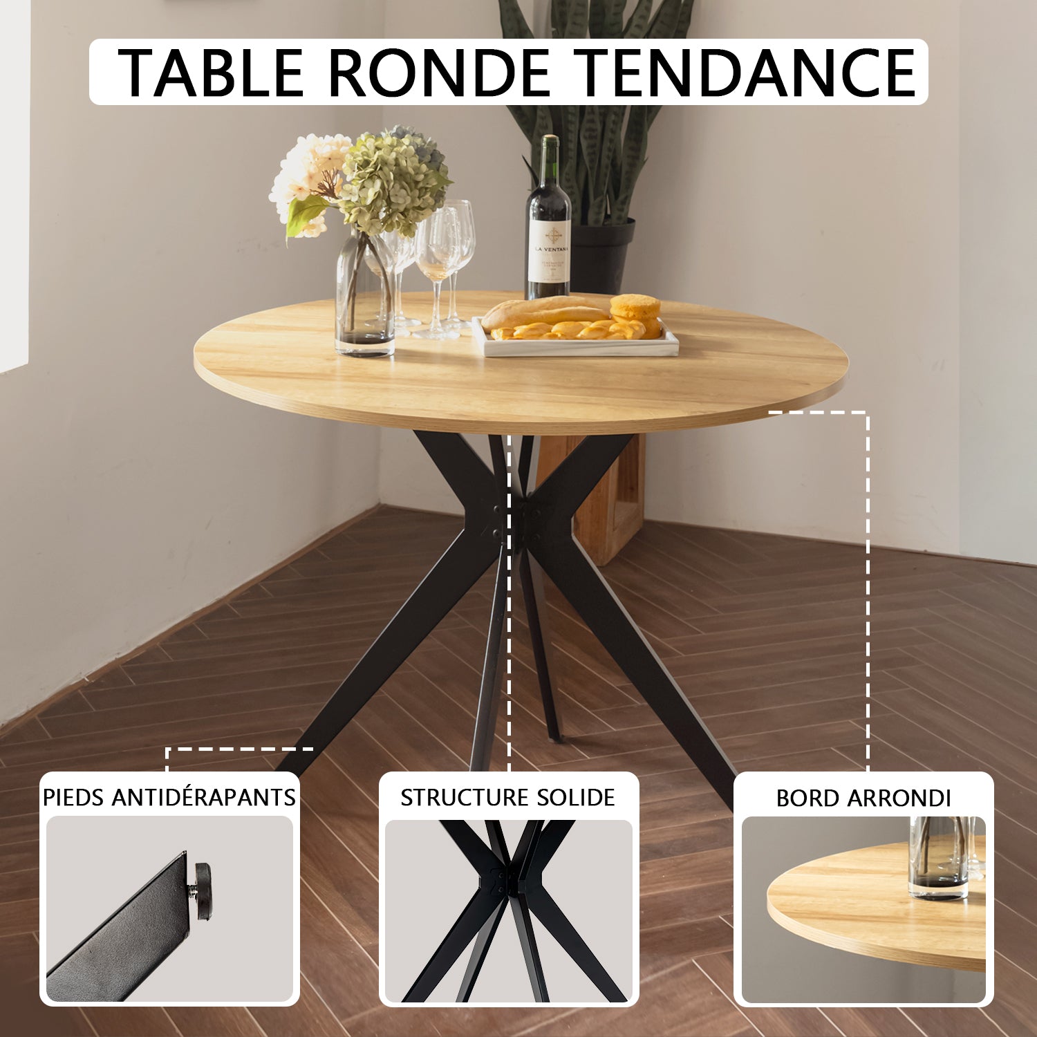 Table salle à manger ronde vintage 4 personnes en chêne et métal noir - CLIFT