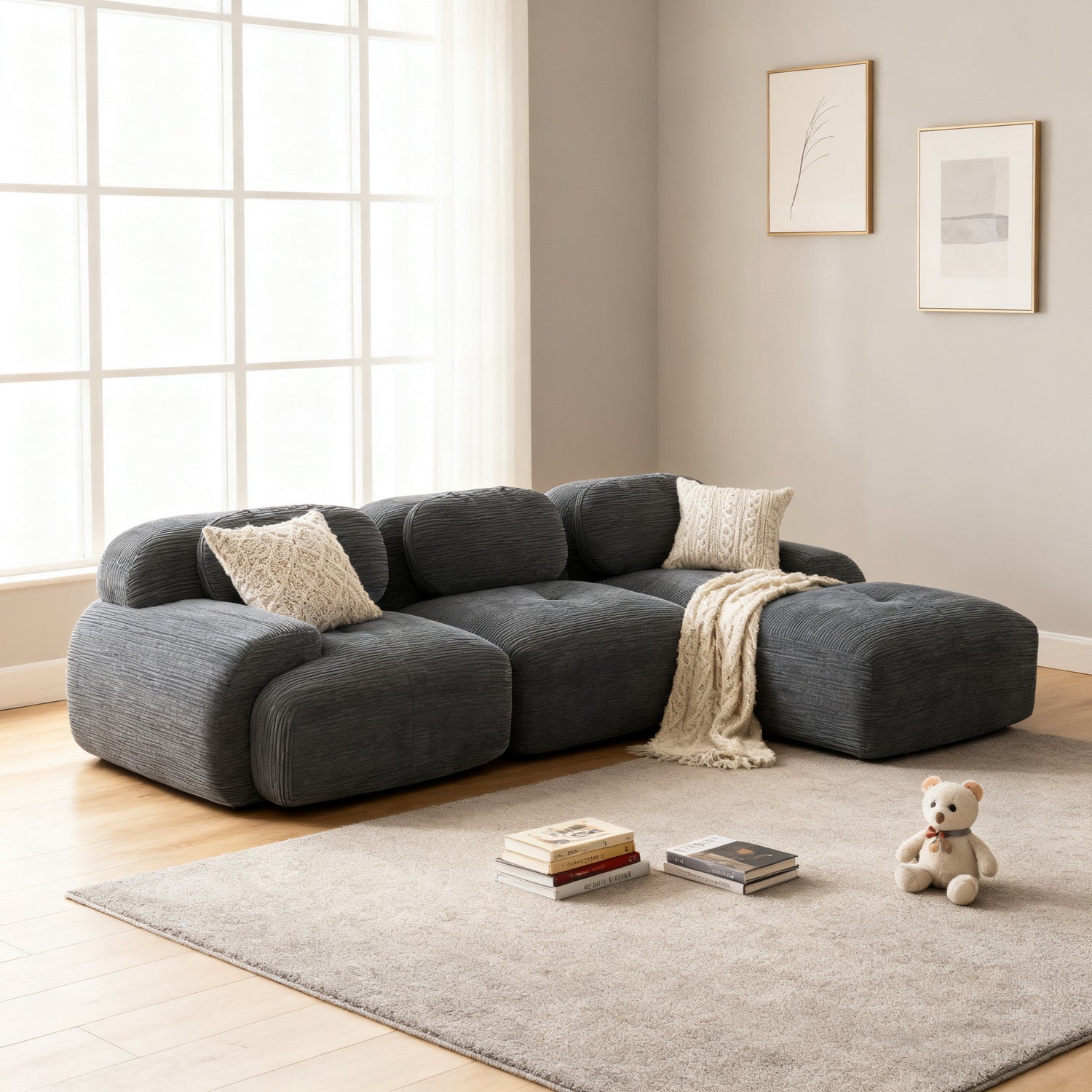 Ensemble de canapés avec accoudoirs incurvés et base antidérapante en tissu velours côtelé doux pour le salon, gris, siège 3 + tabouret 1