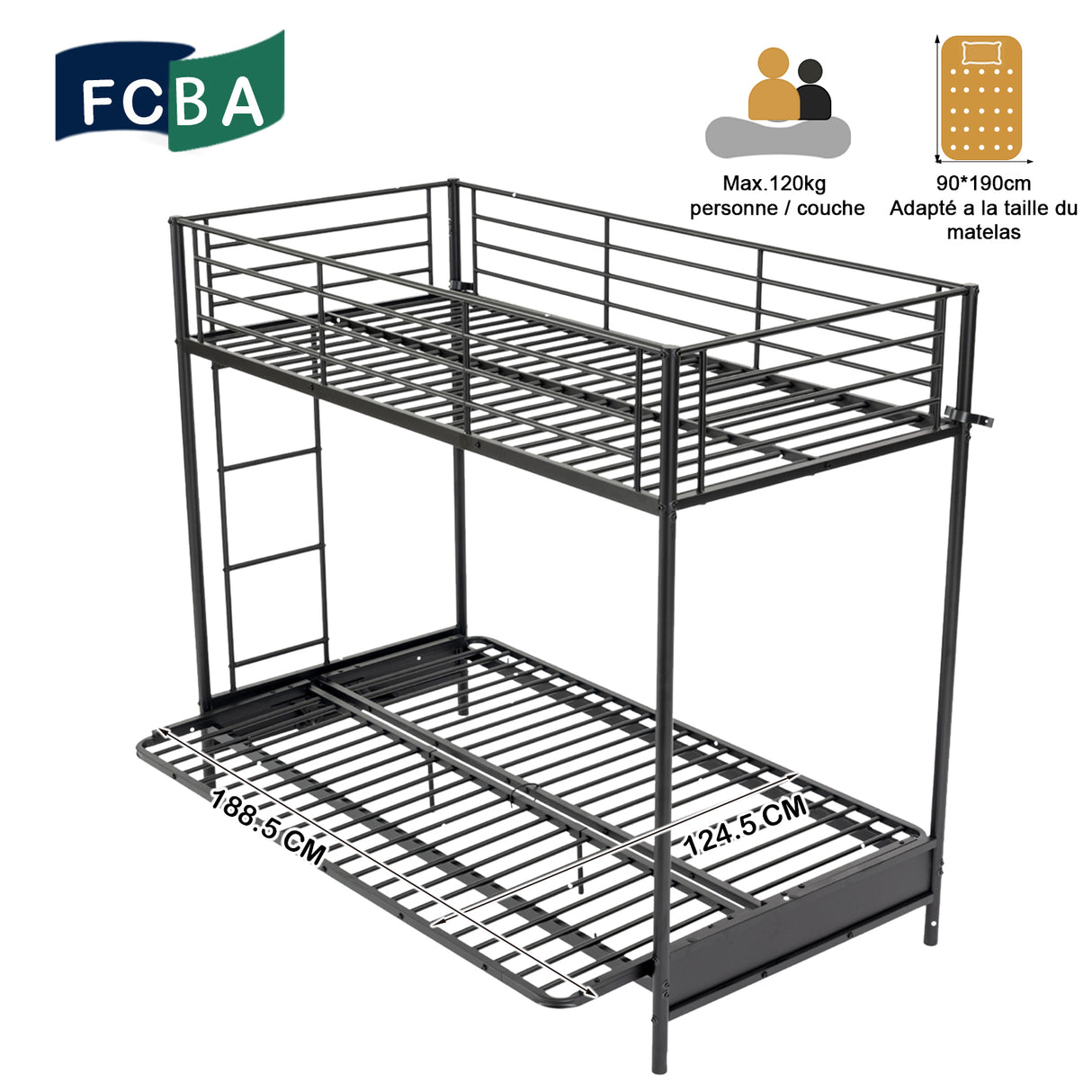 Bunk bed 90x190cm with convertible bench sofa and slatted base in black metal (mattress not included) - Liberty