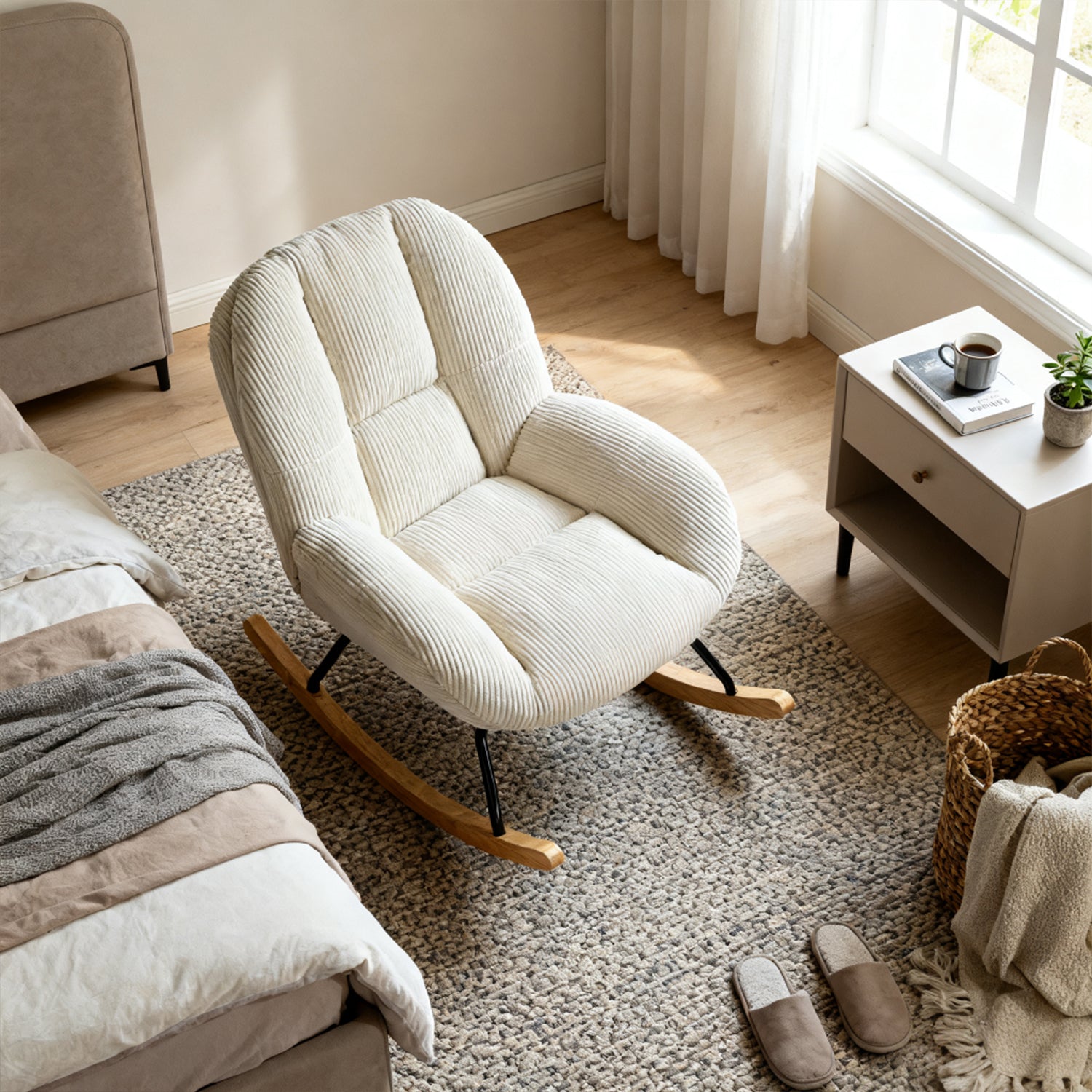 Fauteuil à bascule scandinave en velours côtelé avec accoudoirs pour salon ou chambre à coucher, beige - LITHOPS
