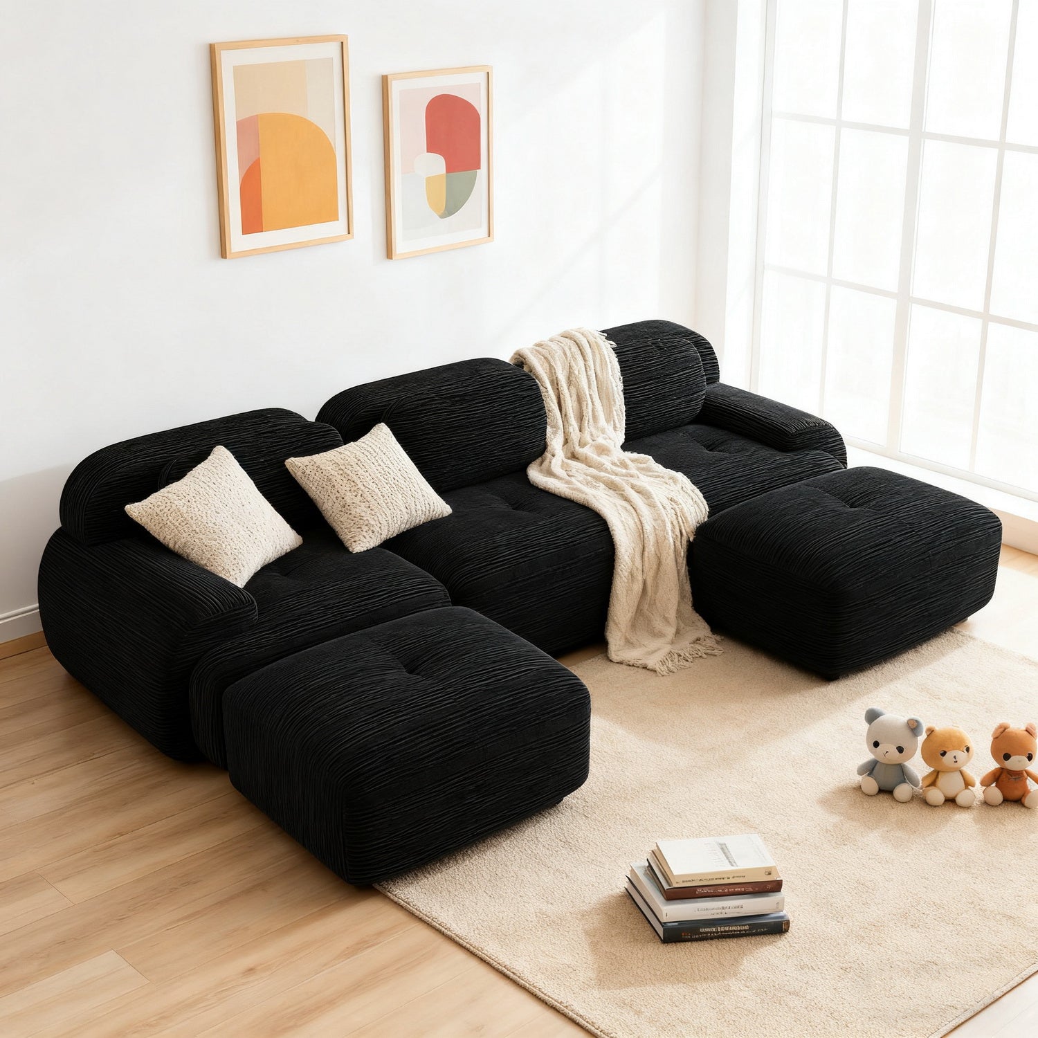 Ensemble de canapés avec accoudoirs incurvés et base antidérapante en tissu velours côtelé doux pour le salon, noir, siège 3 + tabouret 2