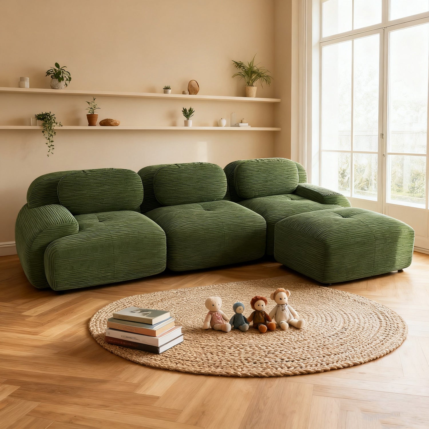Ensemble de canapés avec accoudoirs incurvés et base antidérapante en tissu velours côtelé doux pour le salon, vert, siège 3 + tabouret 1