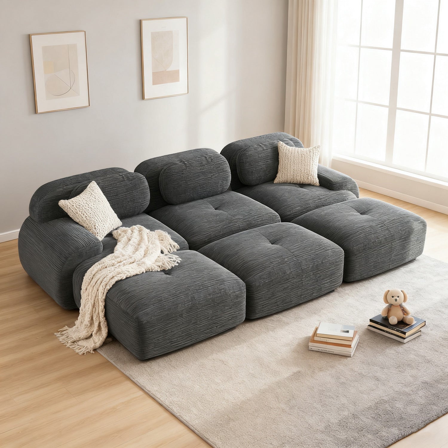 Ensemble de canapés avec accoudoirs incurvés et base antidérapante en tissu velours côtelé doux pour le salon, gris, siège 3 + tabouret 3