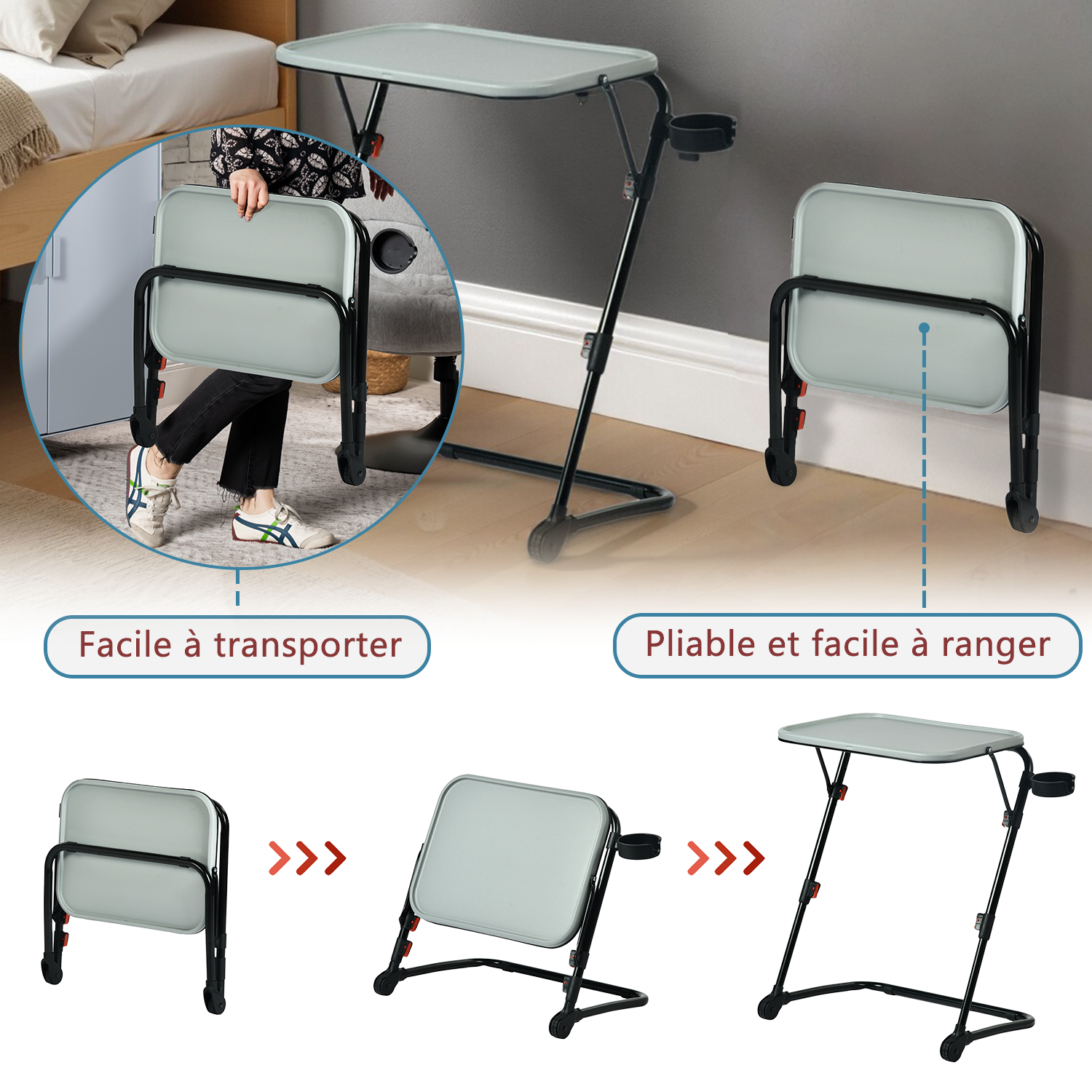 Tavolo laterale pieghevole per laptop, divano regolabile regolabile con vassoio inclinabile e tazza-supporto-baseline
