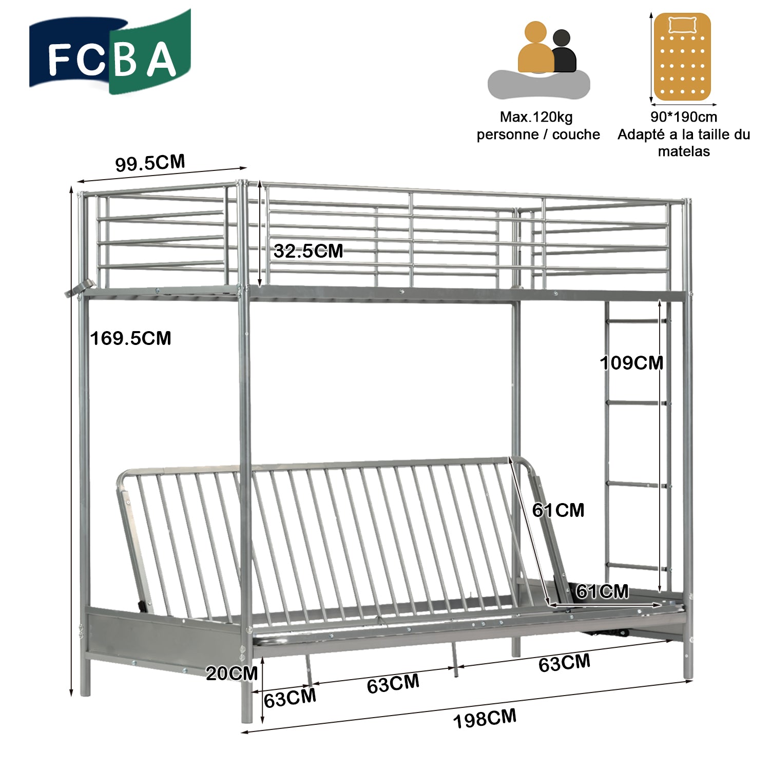 Bunk bed 90x190cm with convertible bench sofa and silver metal slats (mattress not included) - Liberty