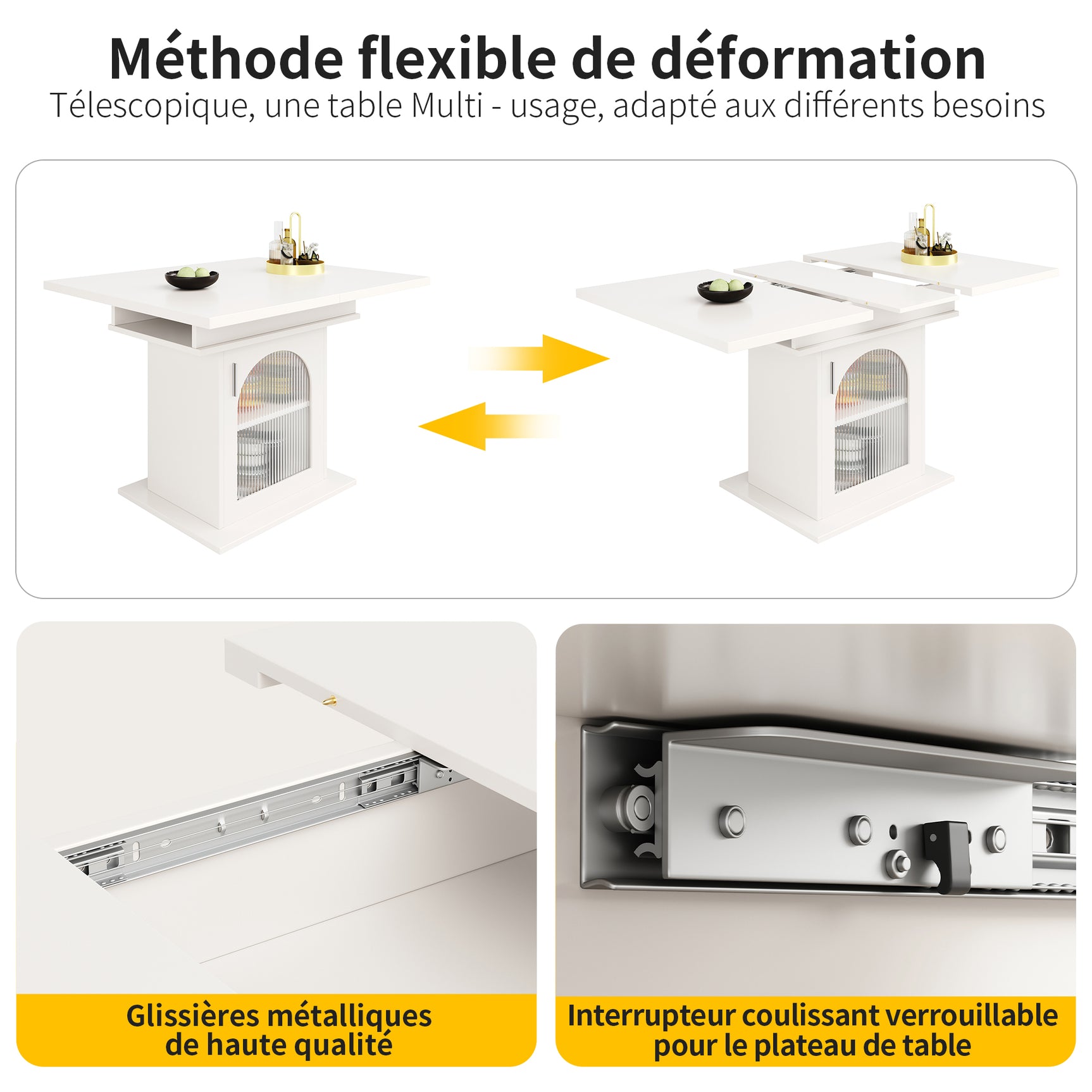 Table à manger télescopique extensible 140×80cm 3 niveaux de rangement portes en verre irisé blanche pour cuisine et salon