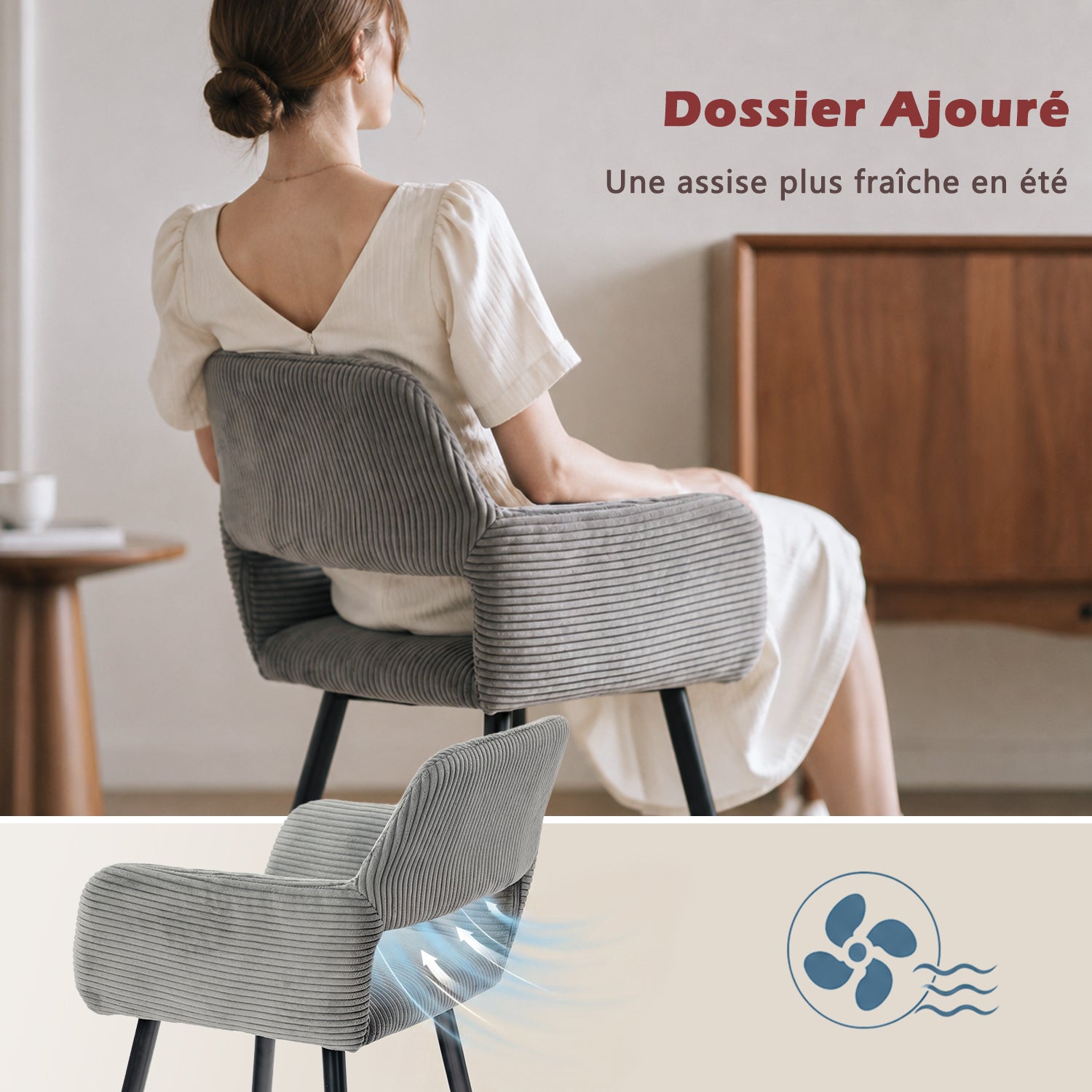 Lot de 2 fauteuils de salle à manger scandinaves avec accoudoirs en velours côtelé gris - CROMWELL CORDUROY