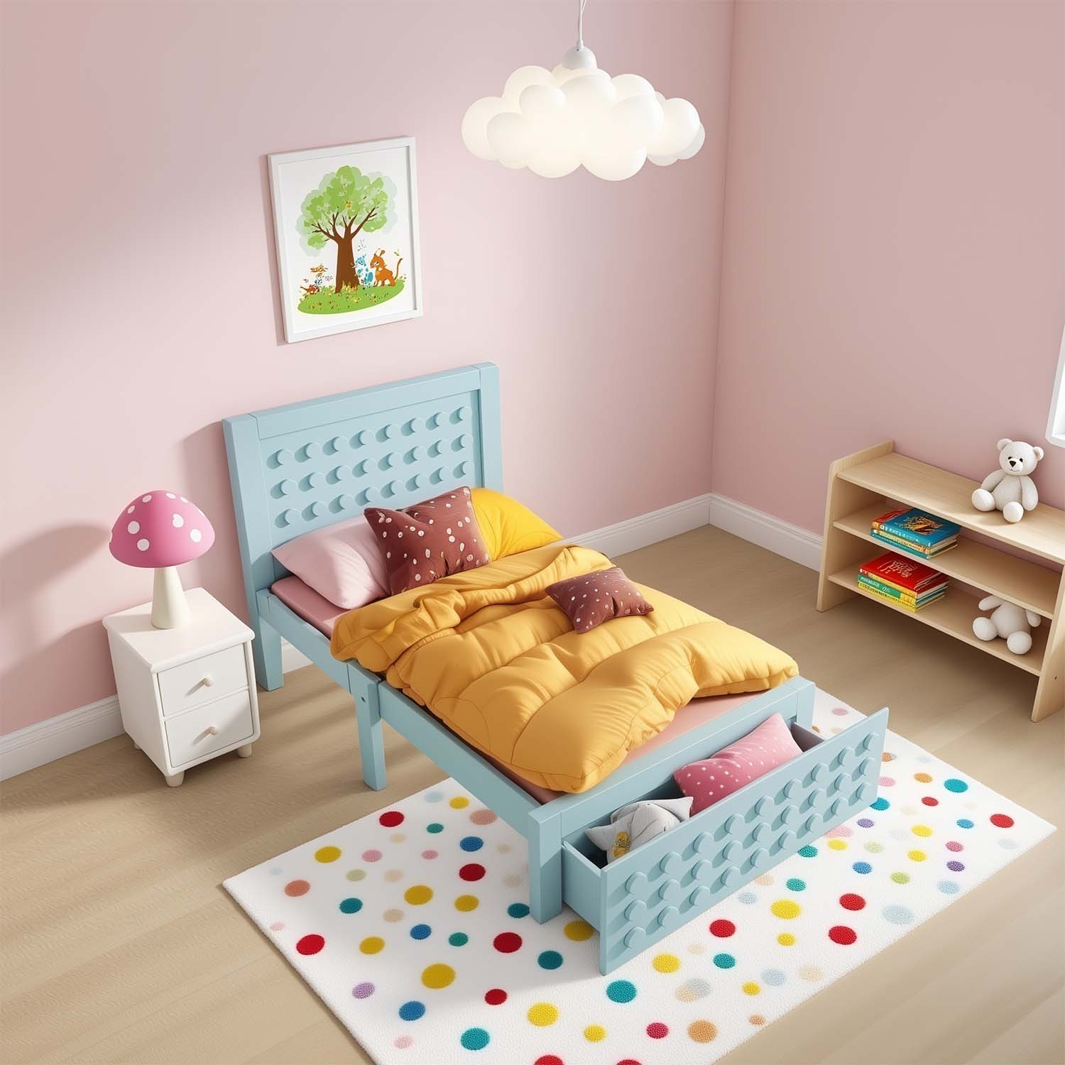 Blaues Bett Blau 90x200 cm mit Lagerschublade und kreatives Design in Blöcken, fester Holzrahmen