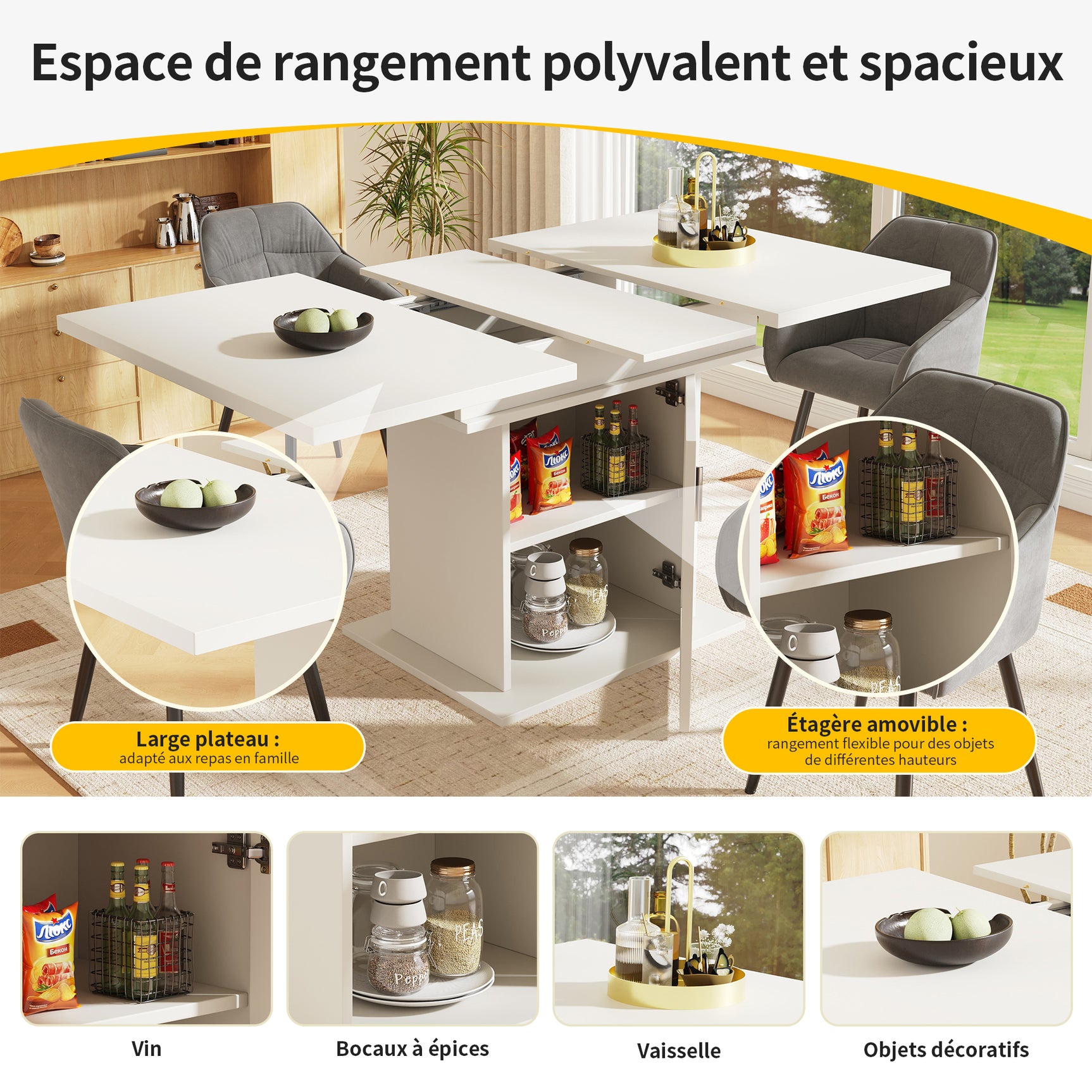 Table à manger télescopique extensible 140×80cm 3 niveaux de rangement portes en verre irisé blanche pour cuisine et salon