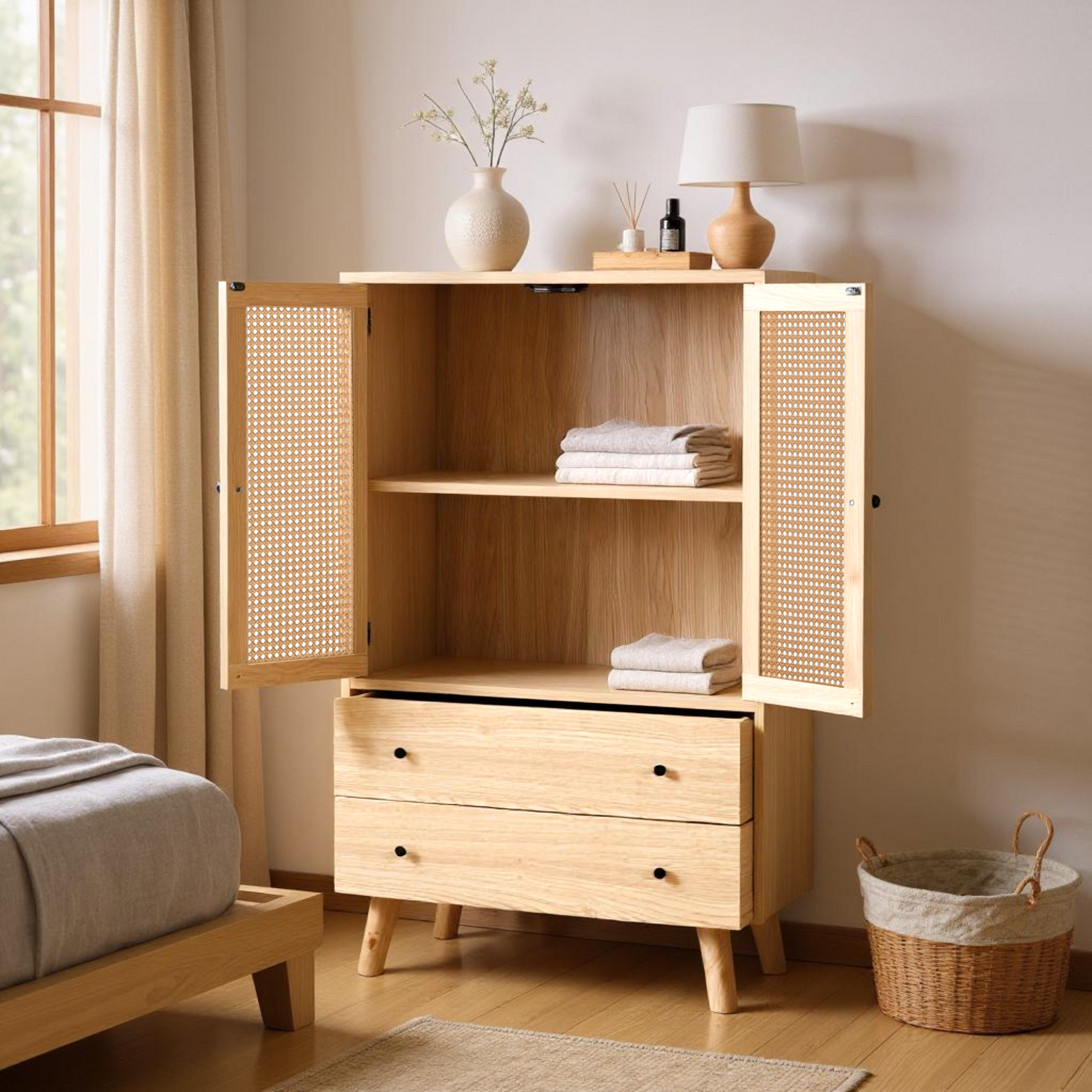 Estilo moderno de buffet de madera con puertas y cajones de ratán - 60 x 40 x 120 cm