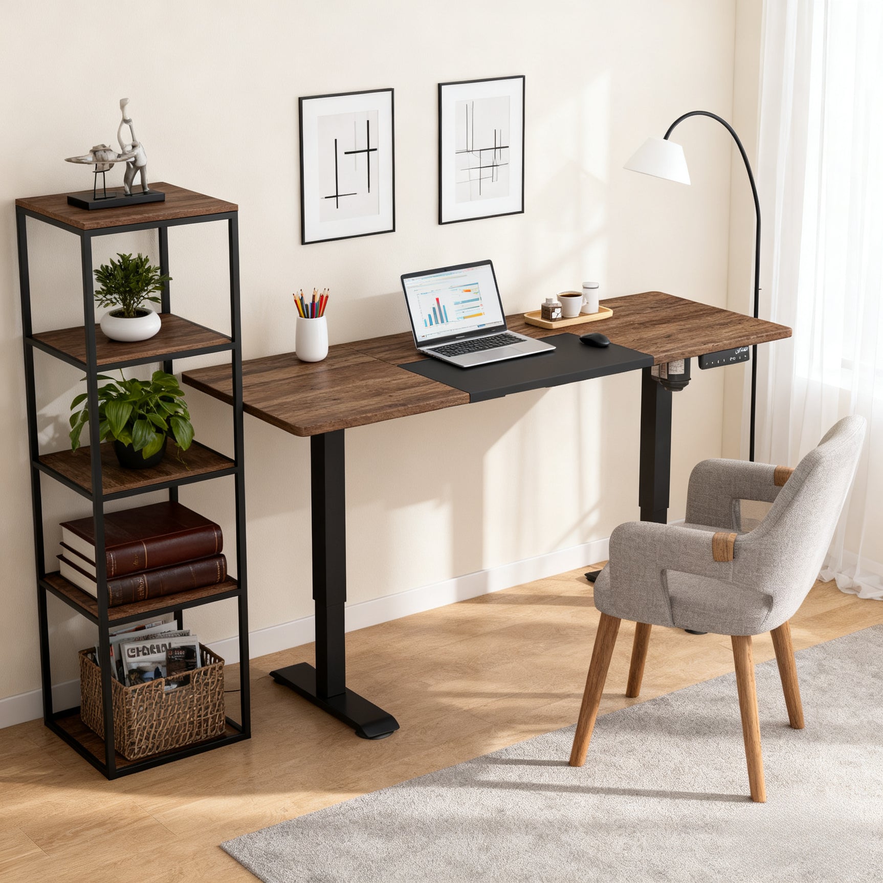 Table de bureau électrique réglable en hauteur 140x70 cm Stehschreibtisch avec moteur, cadre en métal, design nature+noir pour bureau et espace de travail
