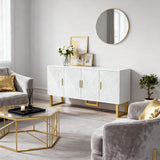 Modernes Weiß- und Holzbuffet mit 3 Schubladen und Schiebetüren mit Lamellen