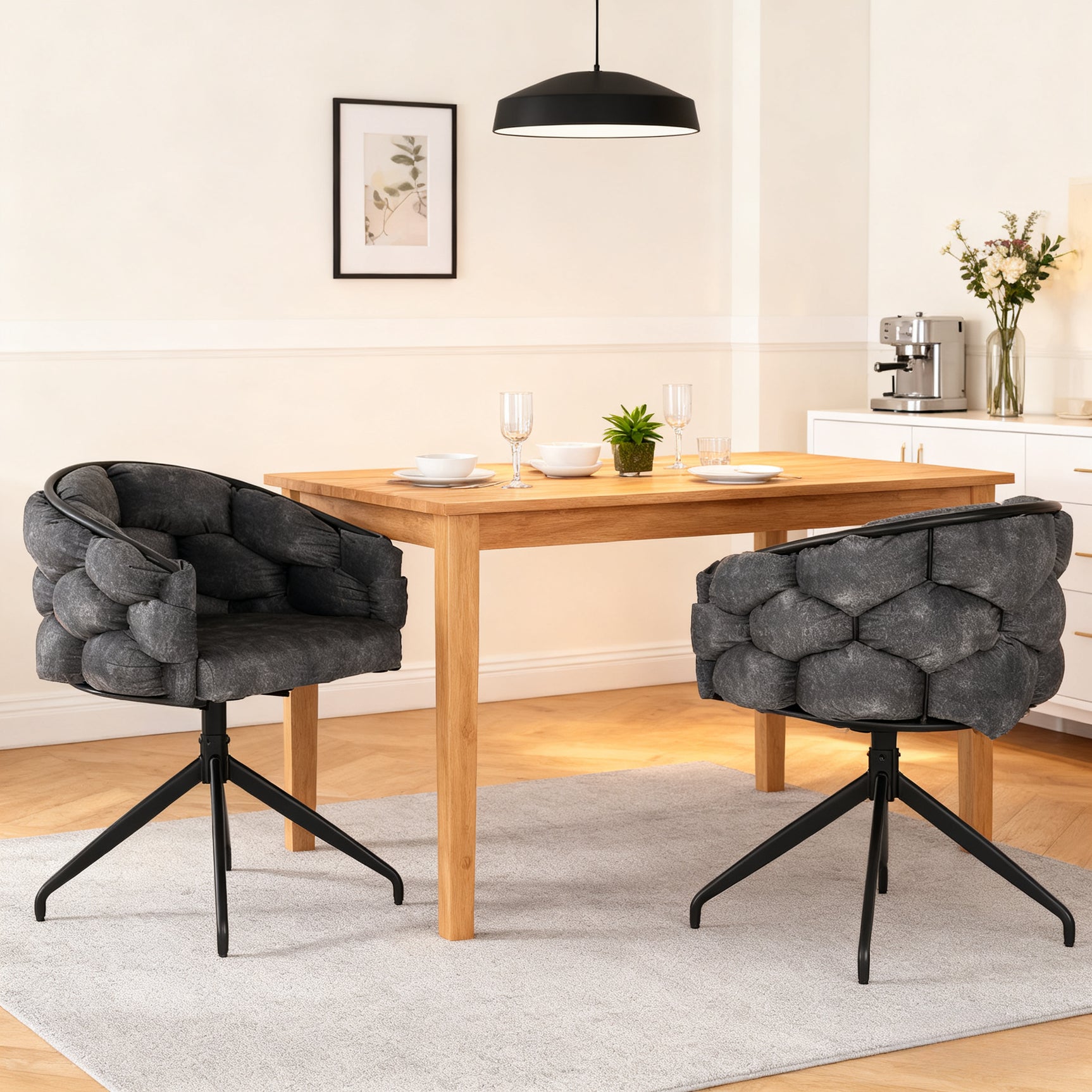 2 moderne Esstühle drehen in beige Stoff mit Armlehnen - Kalb