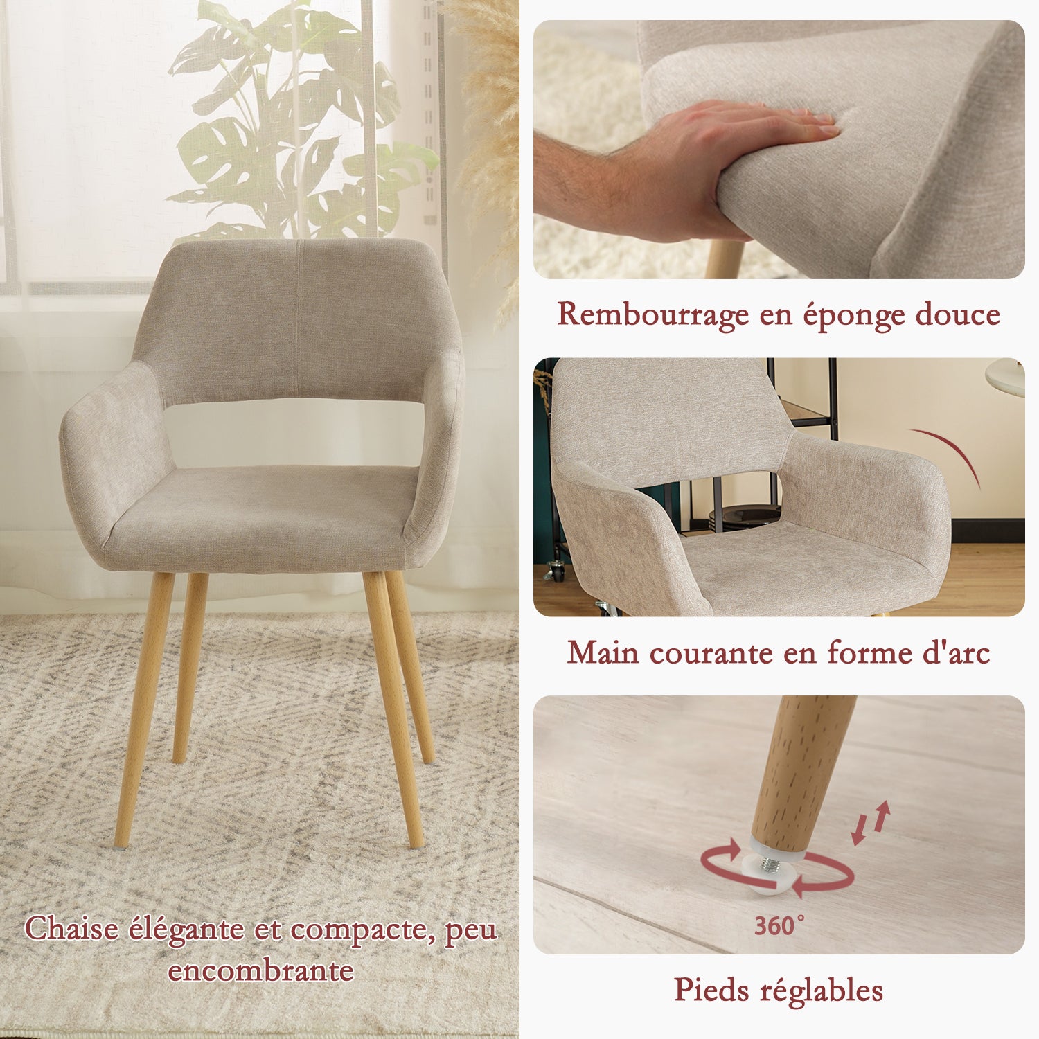 Lot de 4 fauteuils de salle à manger scandinaves avec accoudoirs en tissu beige - CROMWELL