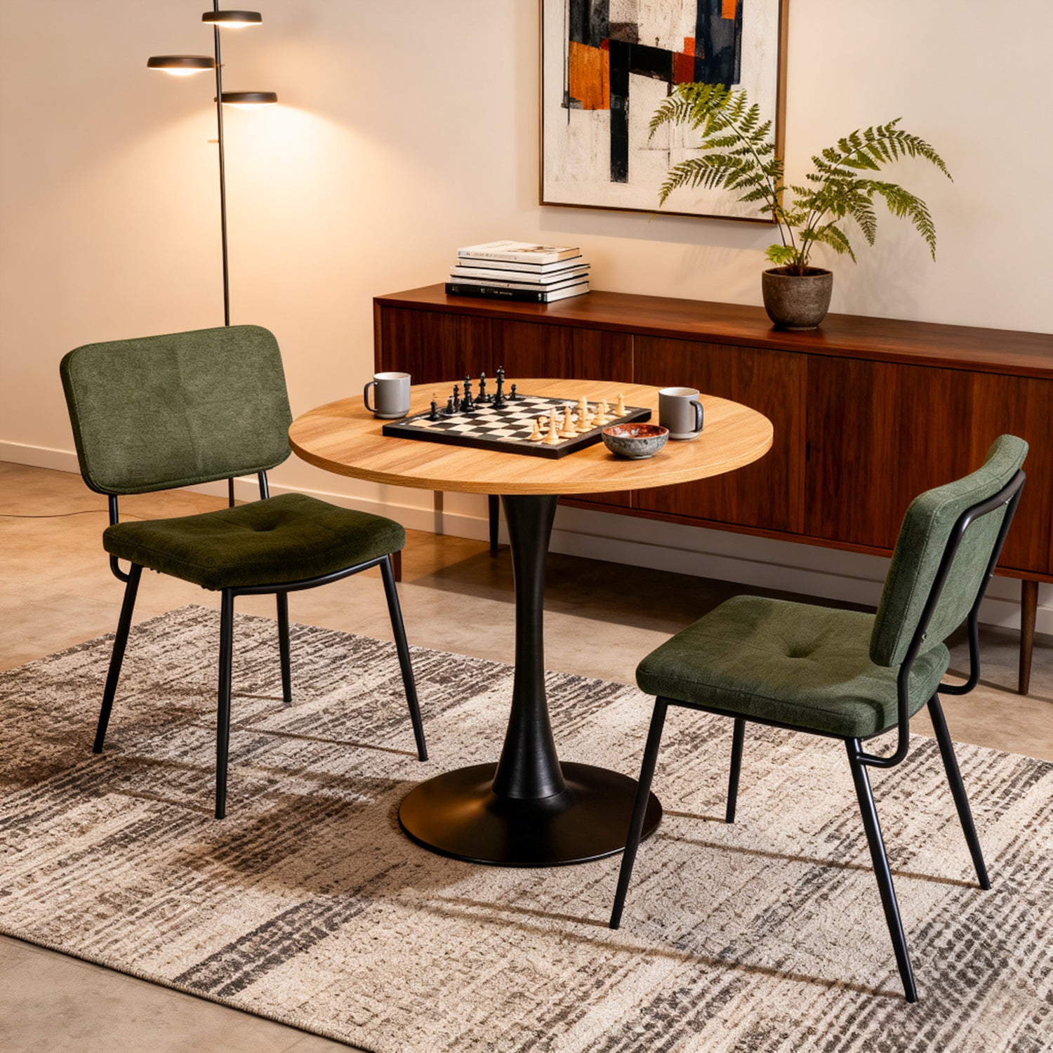 Round Table Table Table Table Timber Ø80 cm with 4 black velvet chairs, modern and comfortable style