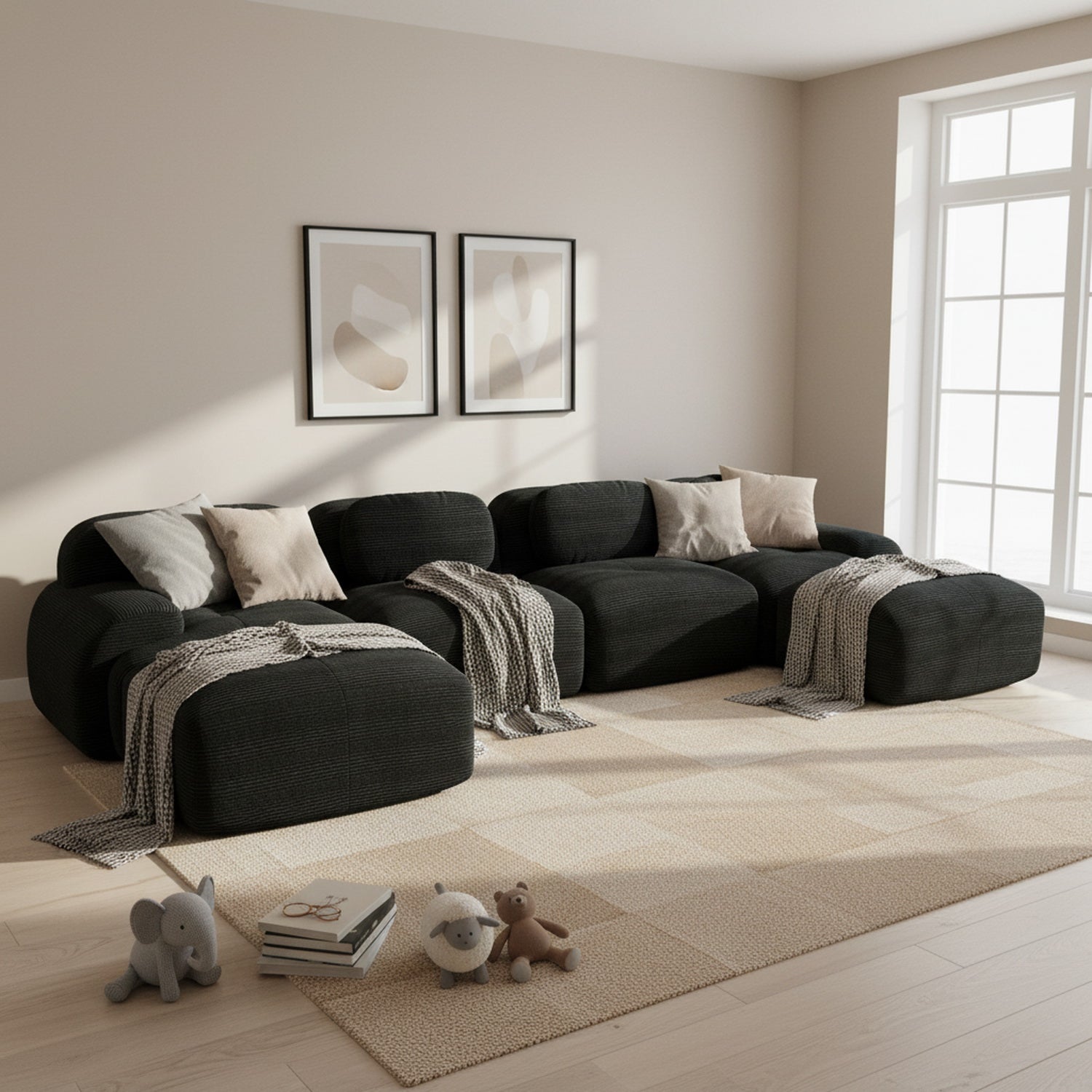 2-Sitzer-Schlafsofa aus dunkelgrauem Stoff mit Seitentaschen, modernes Schlafsofa