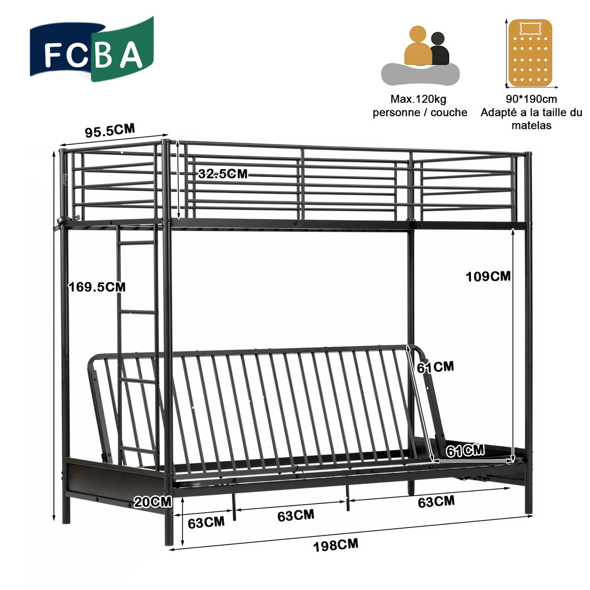 Bunk bed 90x190cm with convertible bench sofa and slatted base in black metal (mattress not included) - Liberty