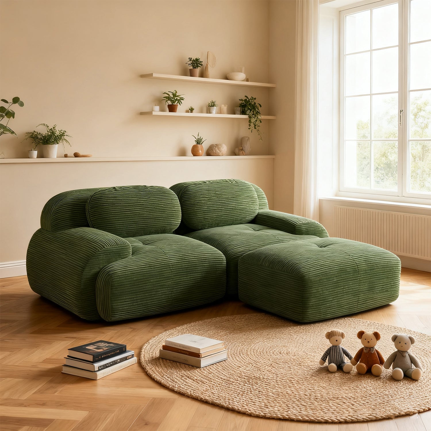 Ensemble de canapés avec accoudoirs incurvés et base antidérapante en tissu velours côtelé doux pour le salon, vert, siège 2 + tabouret 1