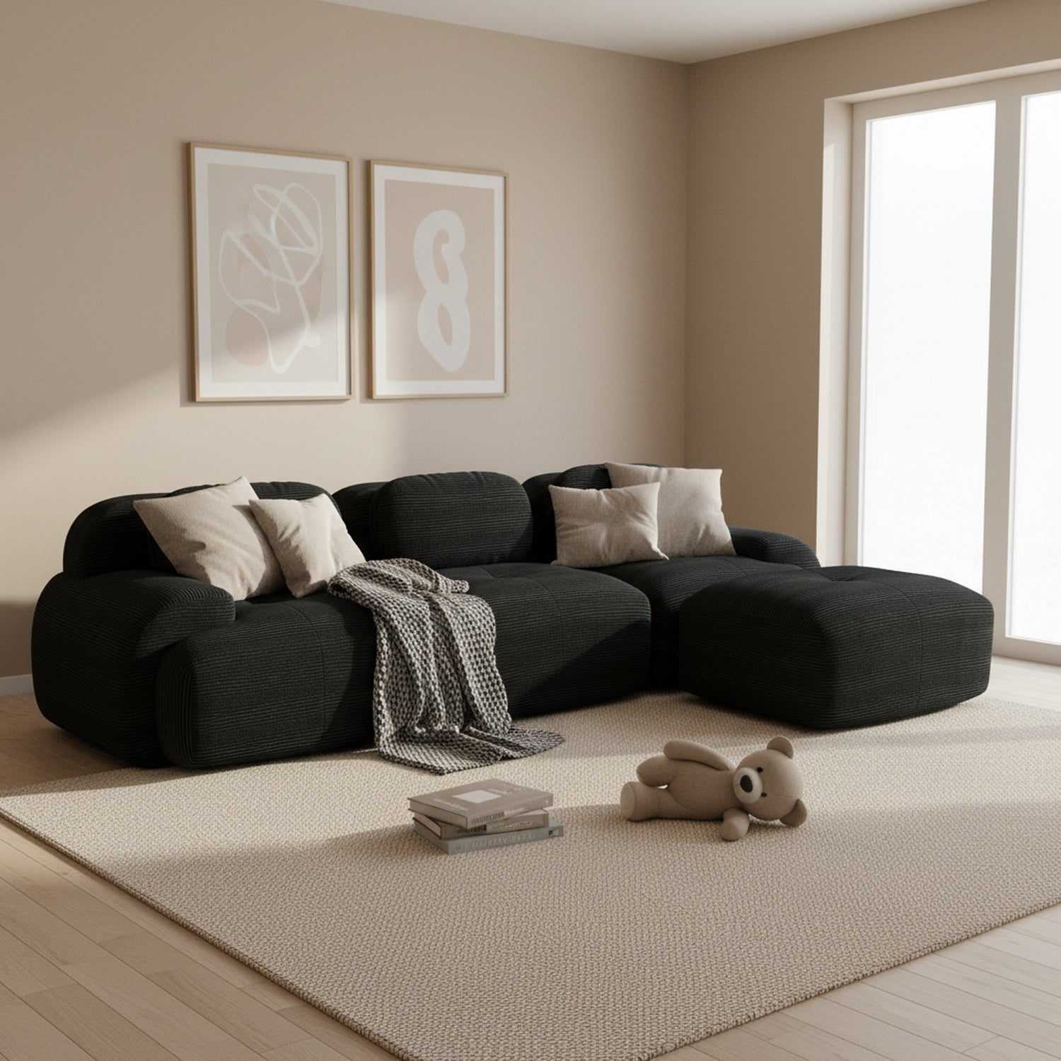 2-Sitzer-Schlafsofa aus dunkelgrauem Stoff mit Seitentaschen, modernes Schlafsofa