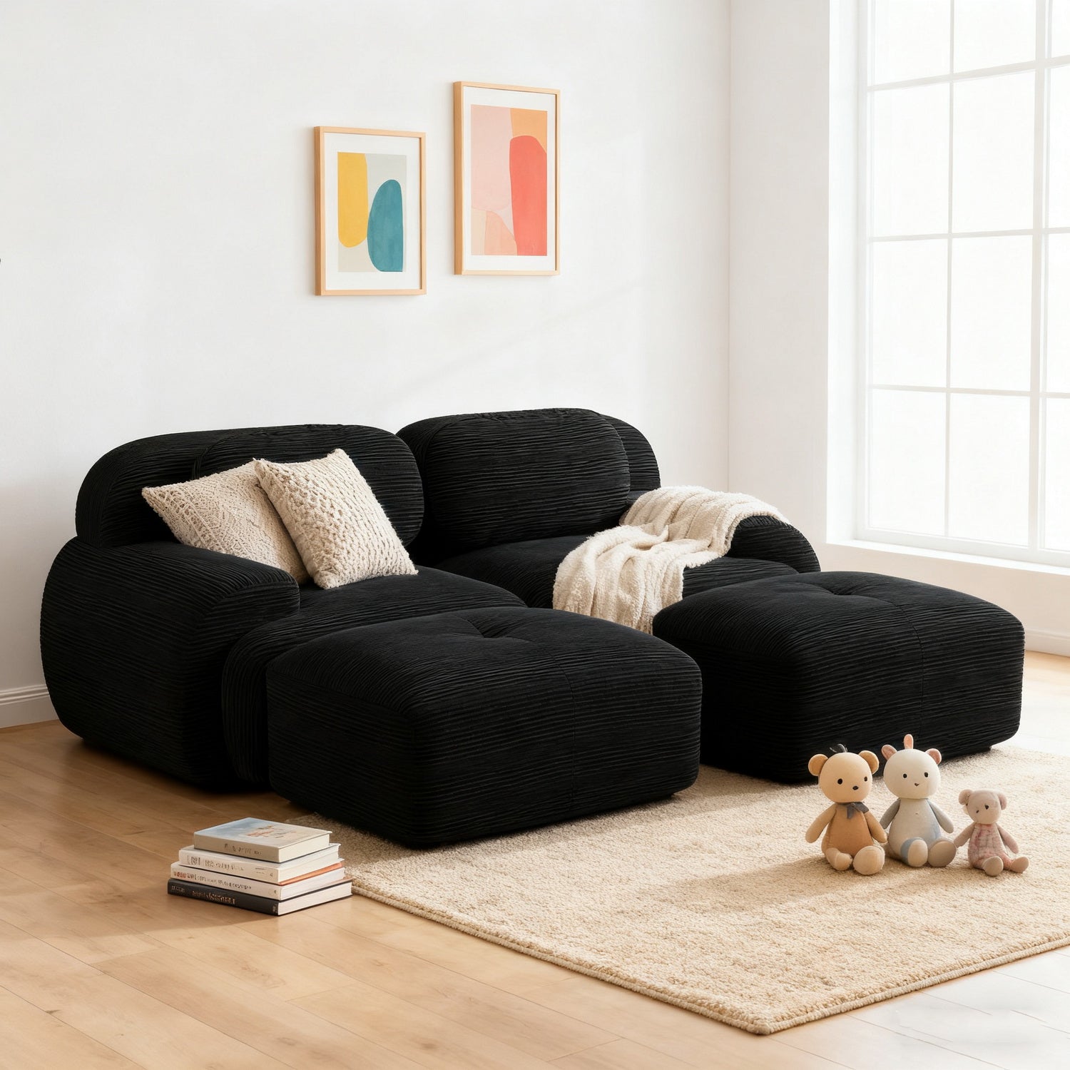 Ensemble de canapés avec accoudoirs incurvés et base antidérapante en tissu velours côtelé doux pour le salon, noir, siège 2 + tabouret 2