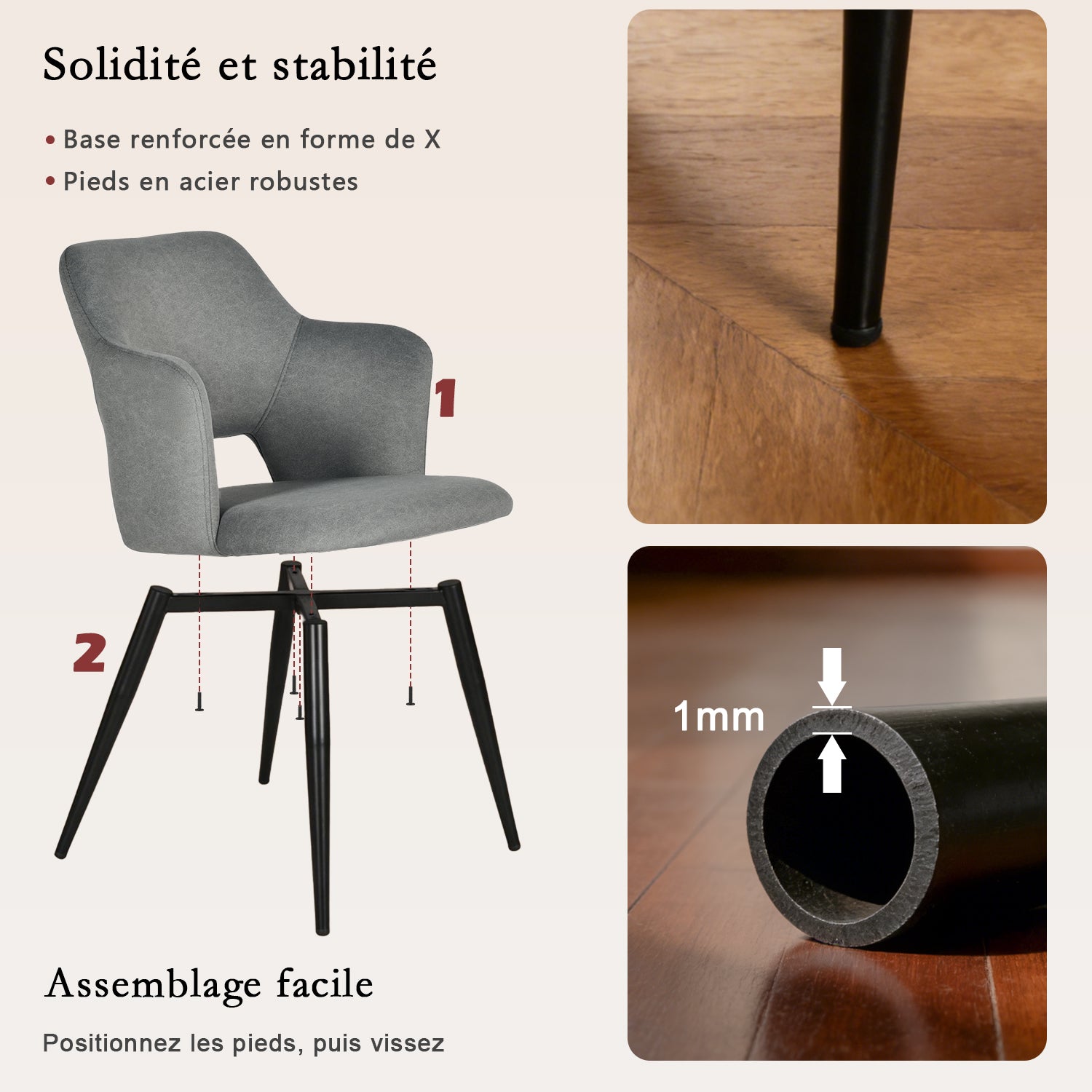 Ensemble de salle à manger de style scandinave composé d'une table ronde en chêne et de 2 fauteuils en tissu gris
