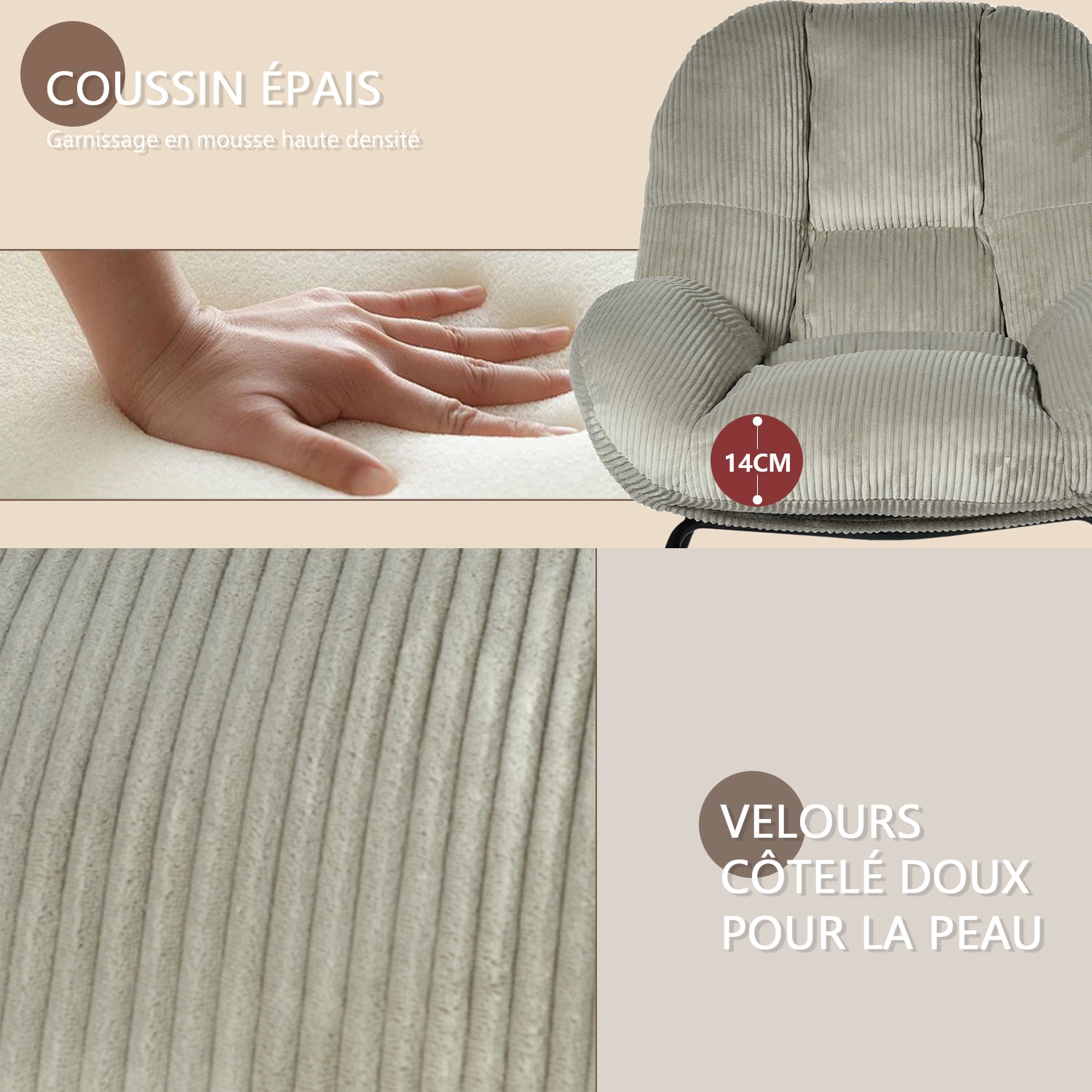 Fauteuil à bascule scandinave en velours côtelé avec accoudoirs pour salon ou chambre à coucher, gris - LITHOPS