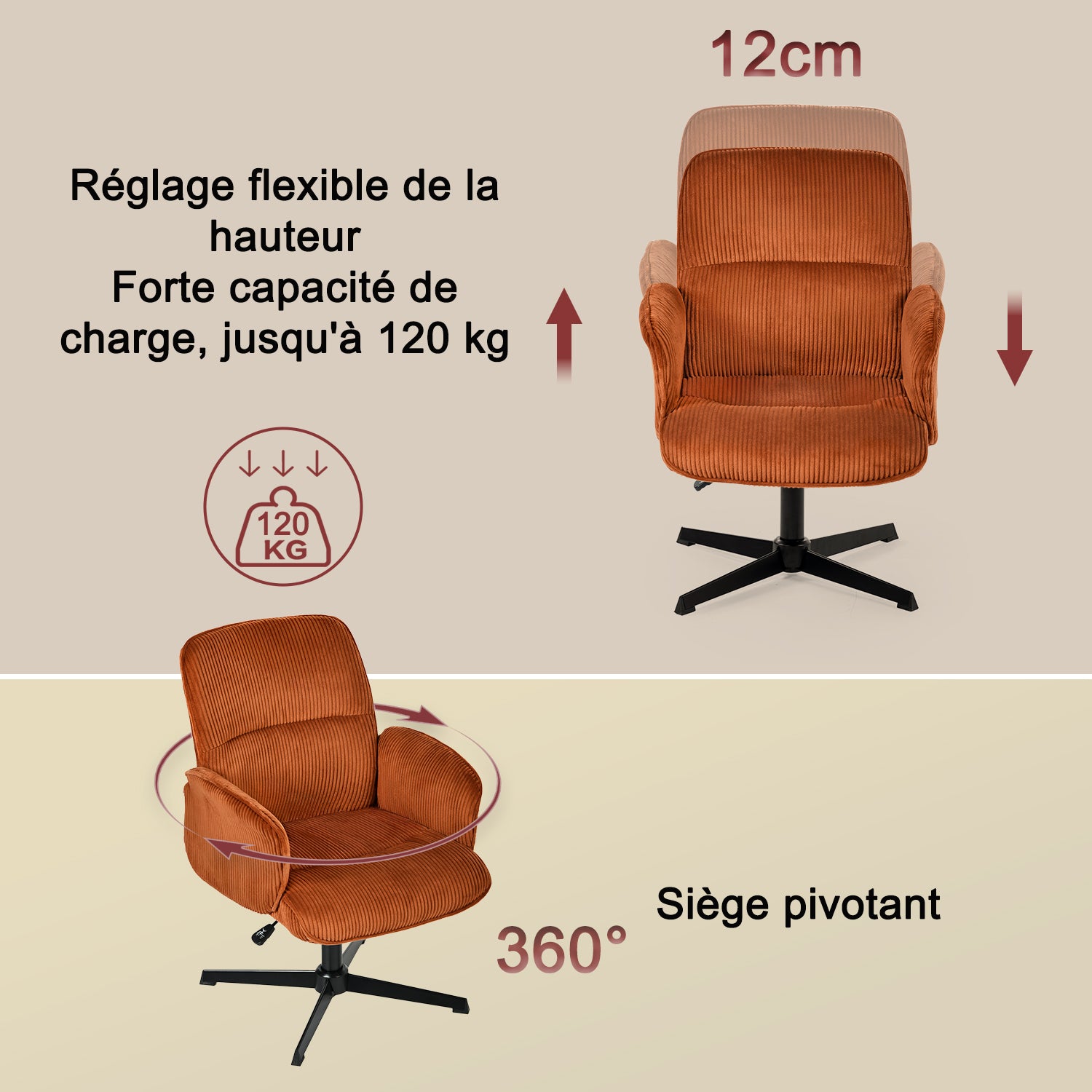 Fauteuil de bureau ergonomique pivotant et réglable avec accoudoirs en velours côtelé rouge - THOMASINA