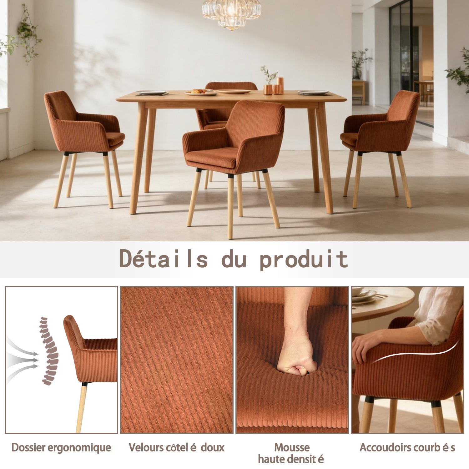 Lot de 6 chaises de salle à manger de style scandinave avec pieds en bois et accoudoirs en velours côtelé rouge - ELIA