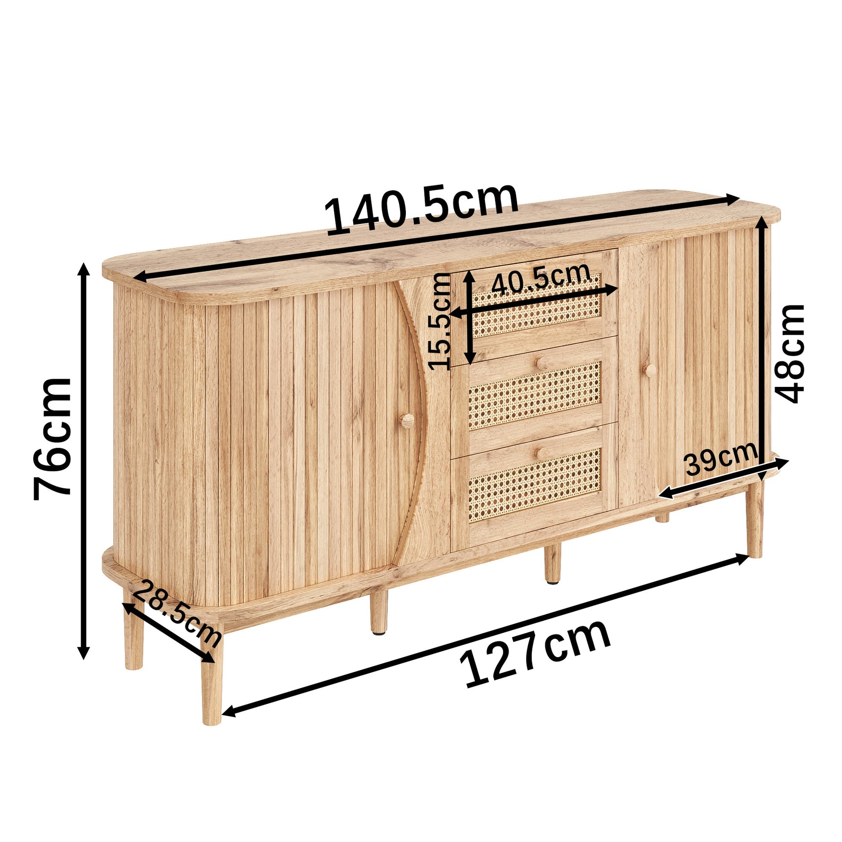 Wooden buffet with sliding canary doors, 3 adjustable drawers and shelves, rounded tray