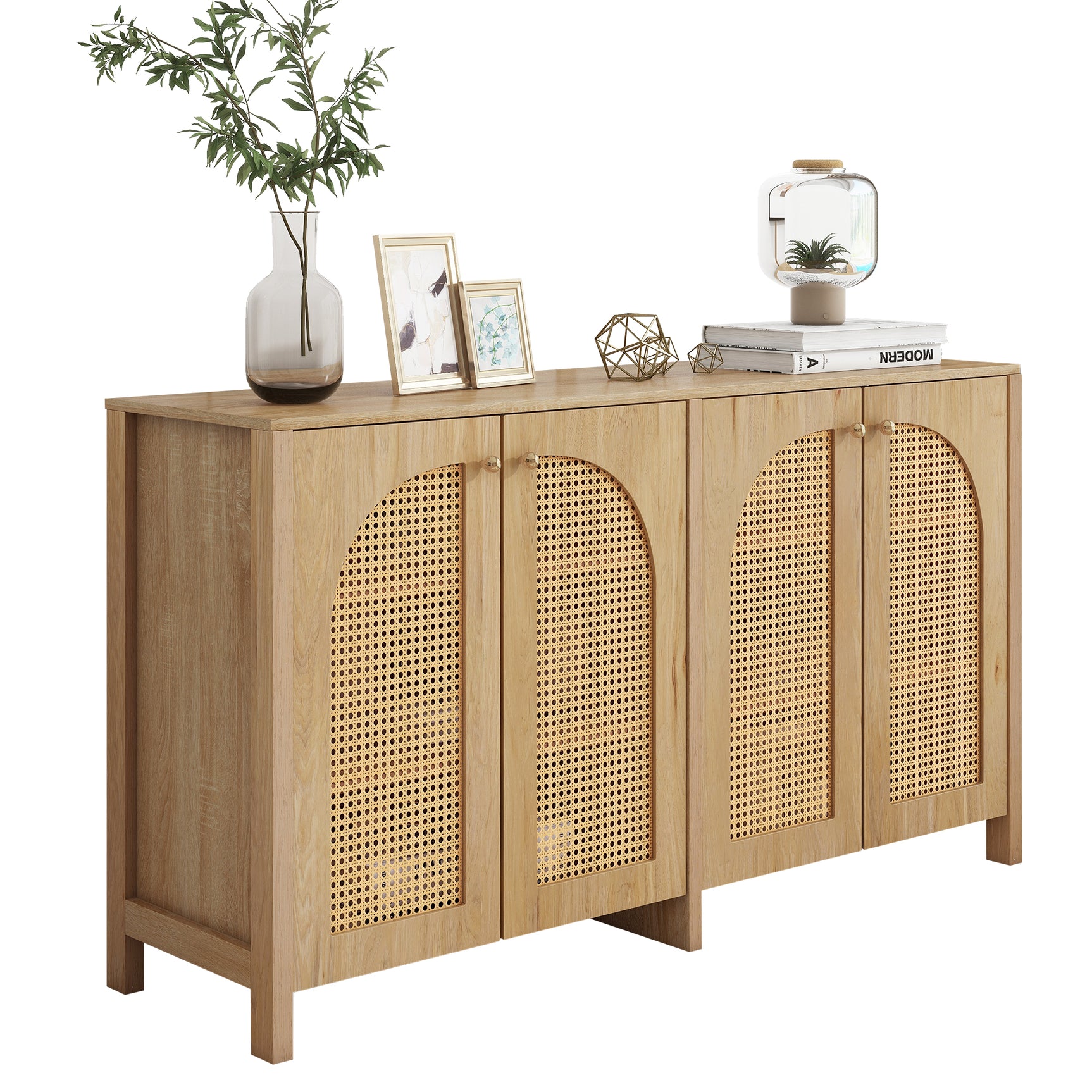 Moderne minimalistische natürliche Holzbuffet mit 4 Handetüren und Metallgriffen
